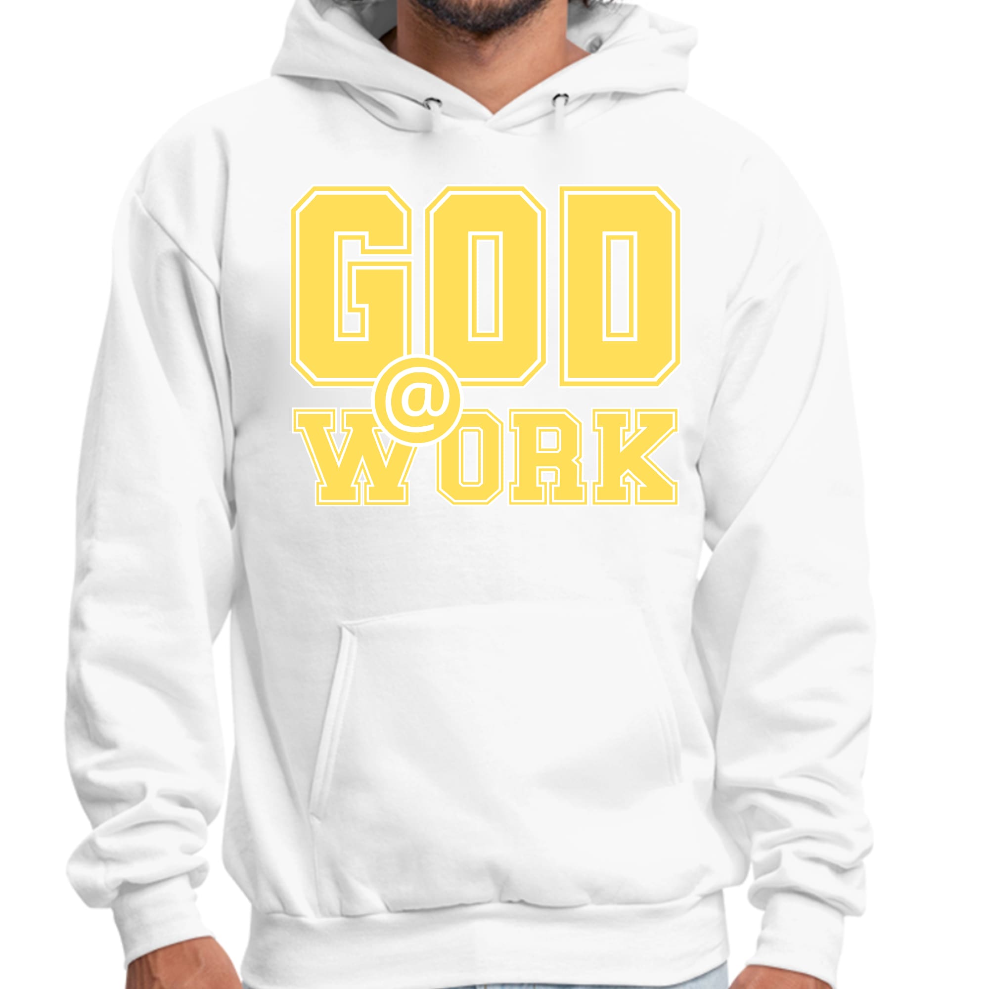 Mens Graphic Hoodie God @ Work Yellow and White Print