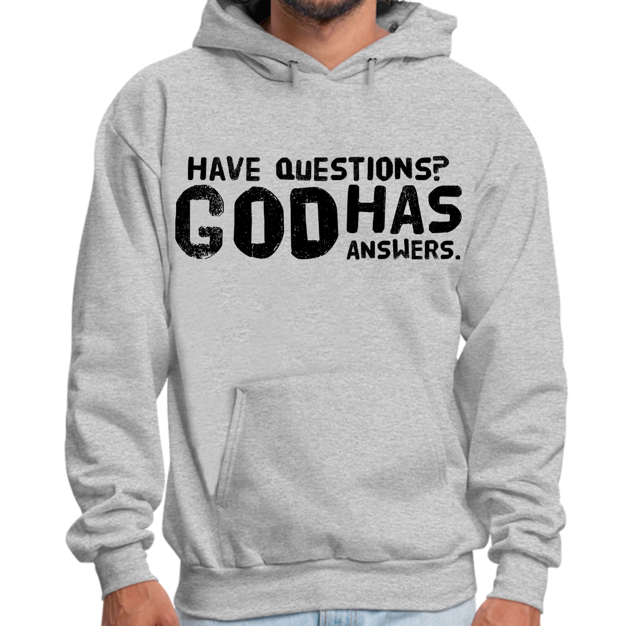 Mens Graphic Hoodie have Questions God has Answers Black Illustration