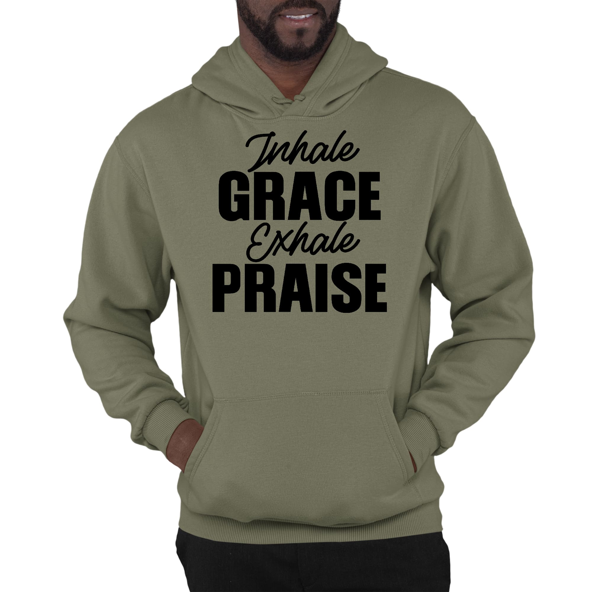 Mens Graphic Hoodie Inhale Grace Exhale Praise Black Illustration