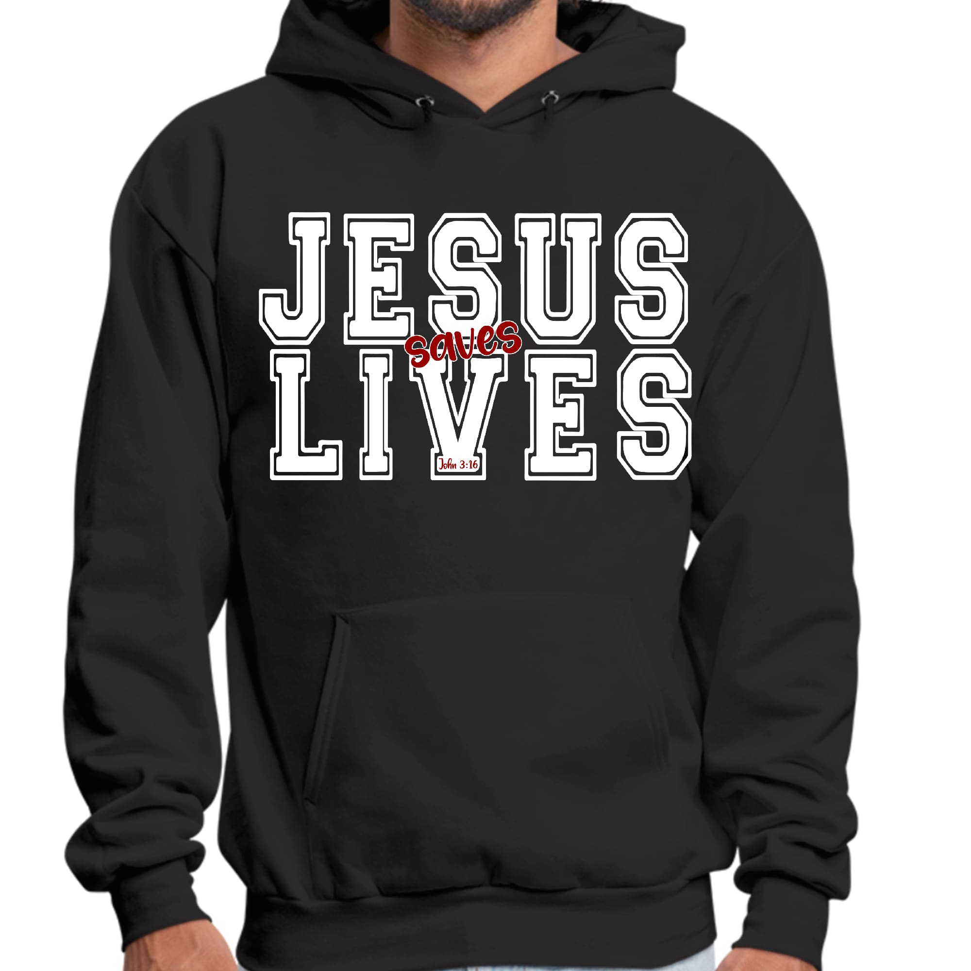 Mens Graphic Hoodie Jesus Saves Lives White Red Illustration