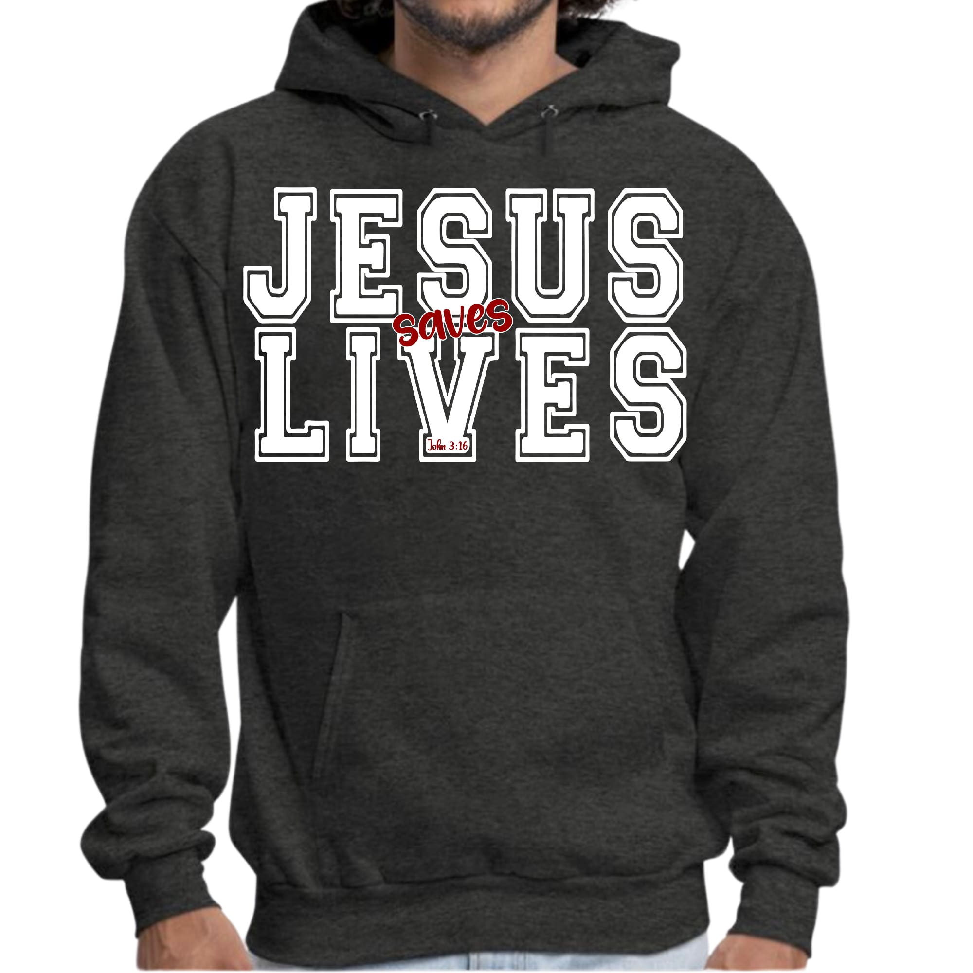 Mens Graphic Hoodie Jesus Saves Lives White Red Illustration