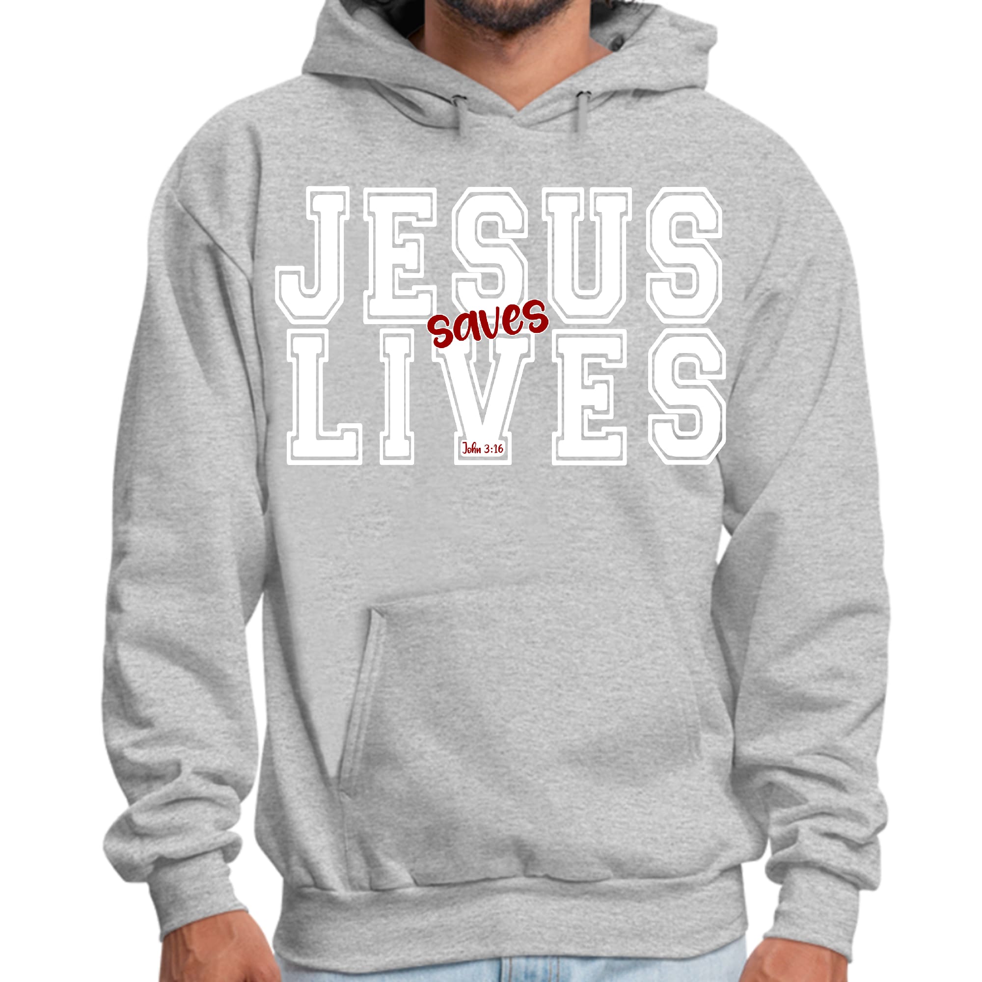 Mens Graphic Hoodie Jesus Saves Lives White Red Illustration