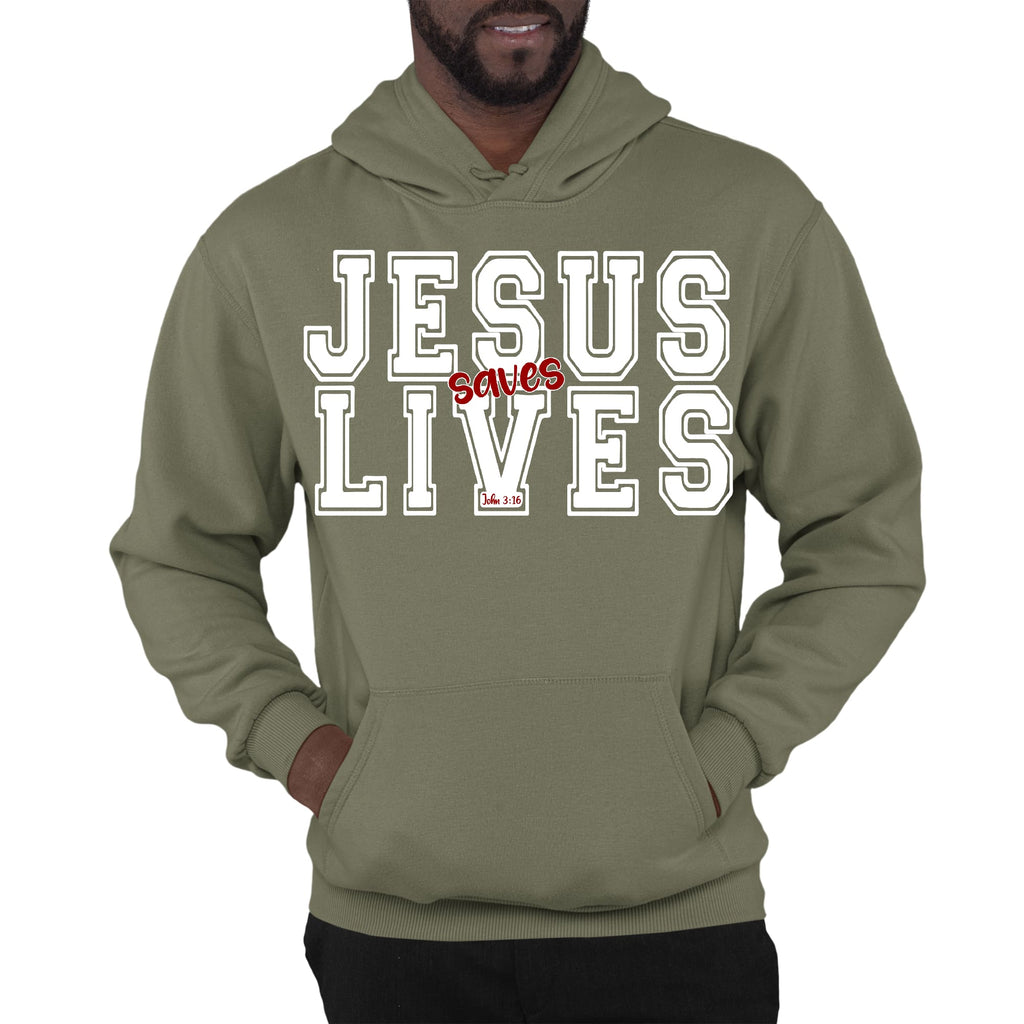 Mens Graphic Hoodie Jesus Saves Lives White Red Illustration