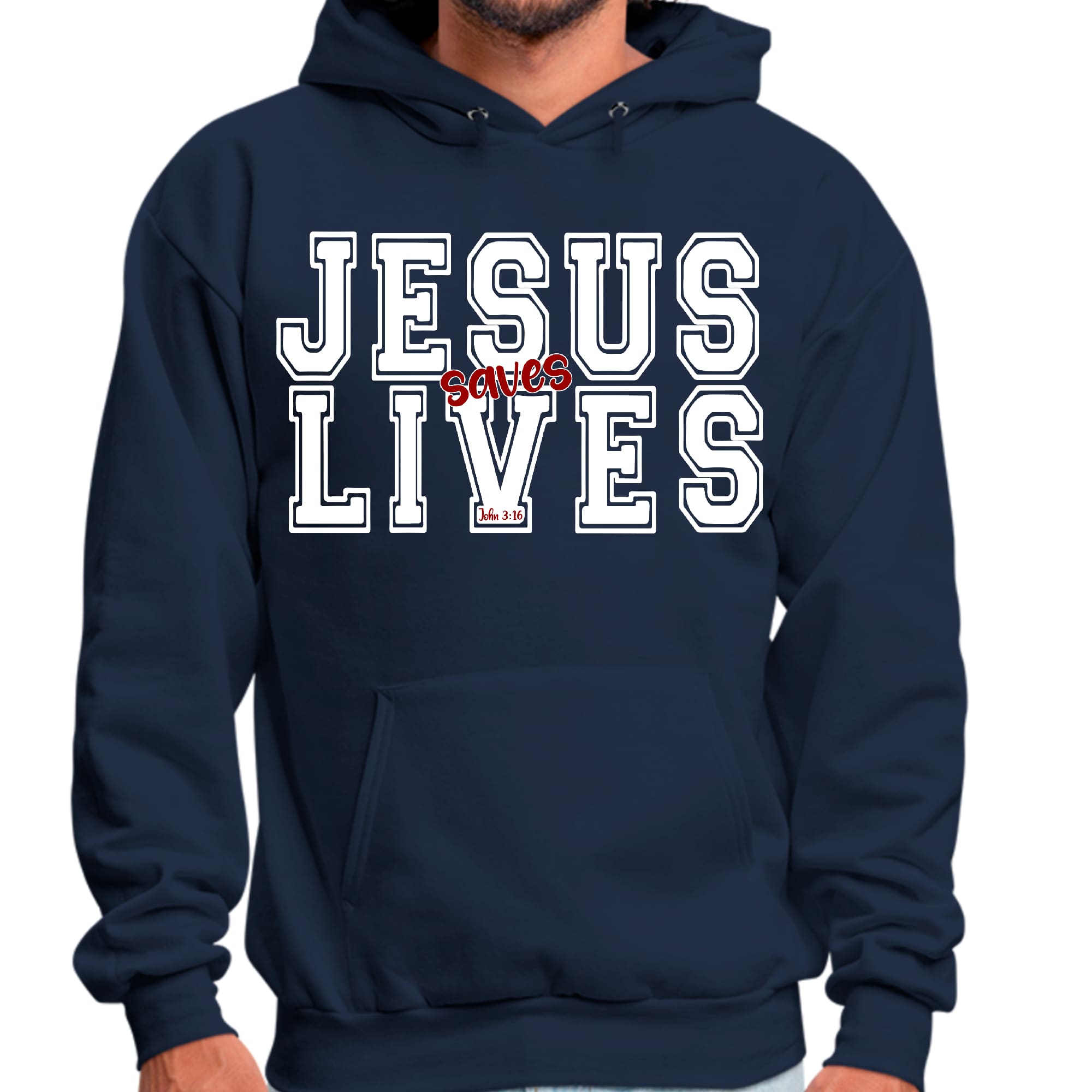 Mens Graphic Hoodie Jesus Saves Lives White Red Illustration