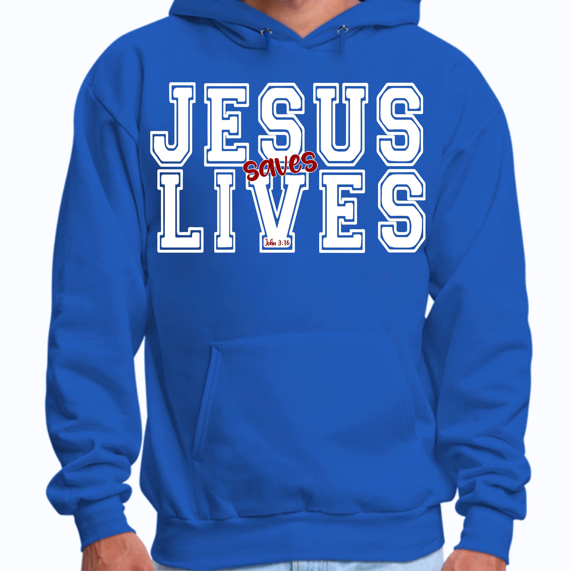 Mens Graphic Hoodie Jesus Saves Lives White Red Illustration