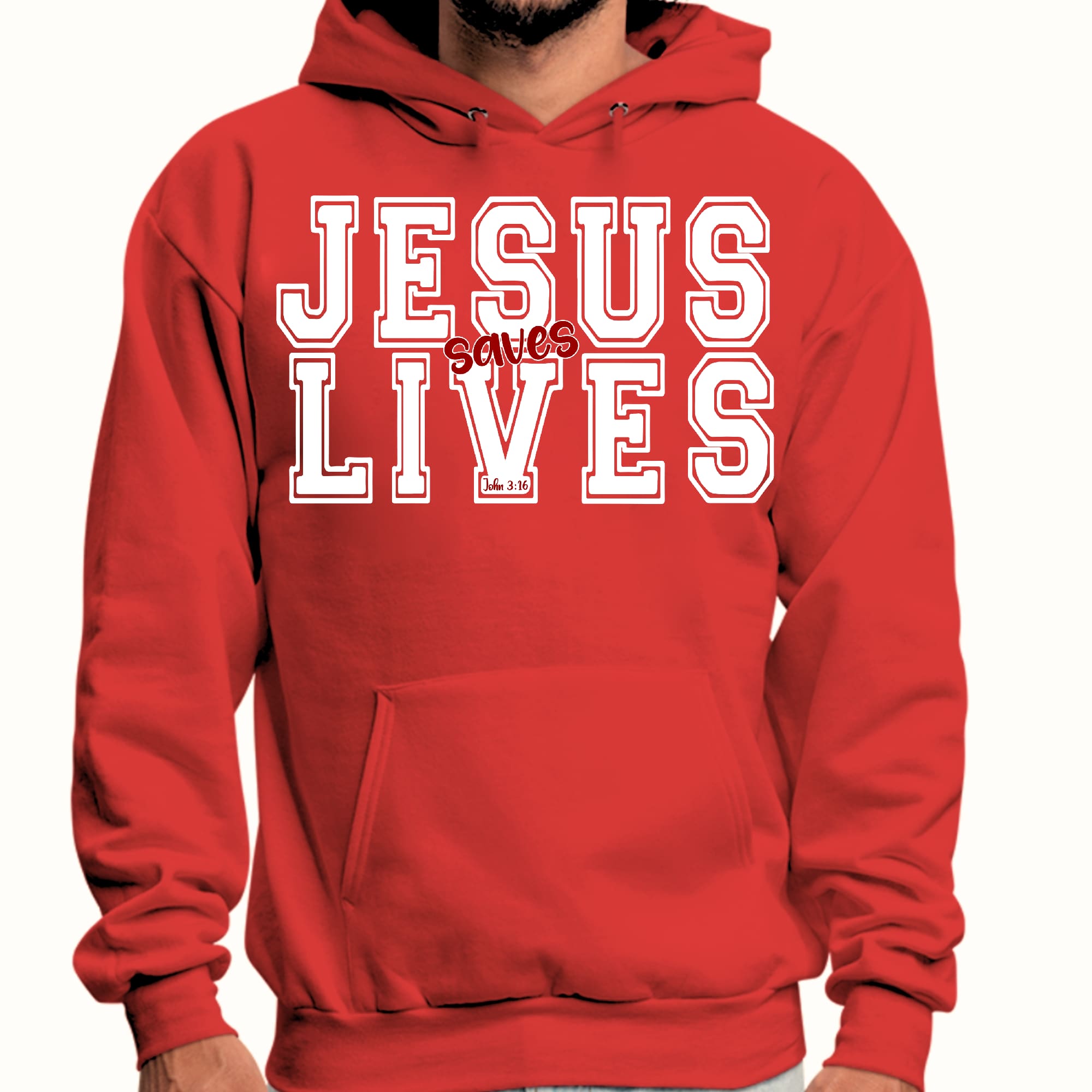 Mens Graphic Hoodie Jesus Saves Lives White Red Illustration
