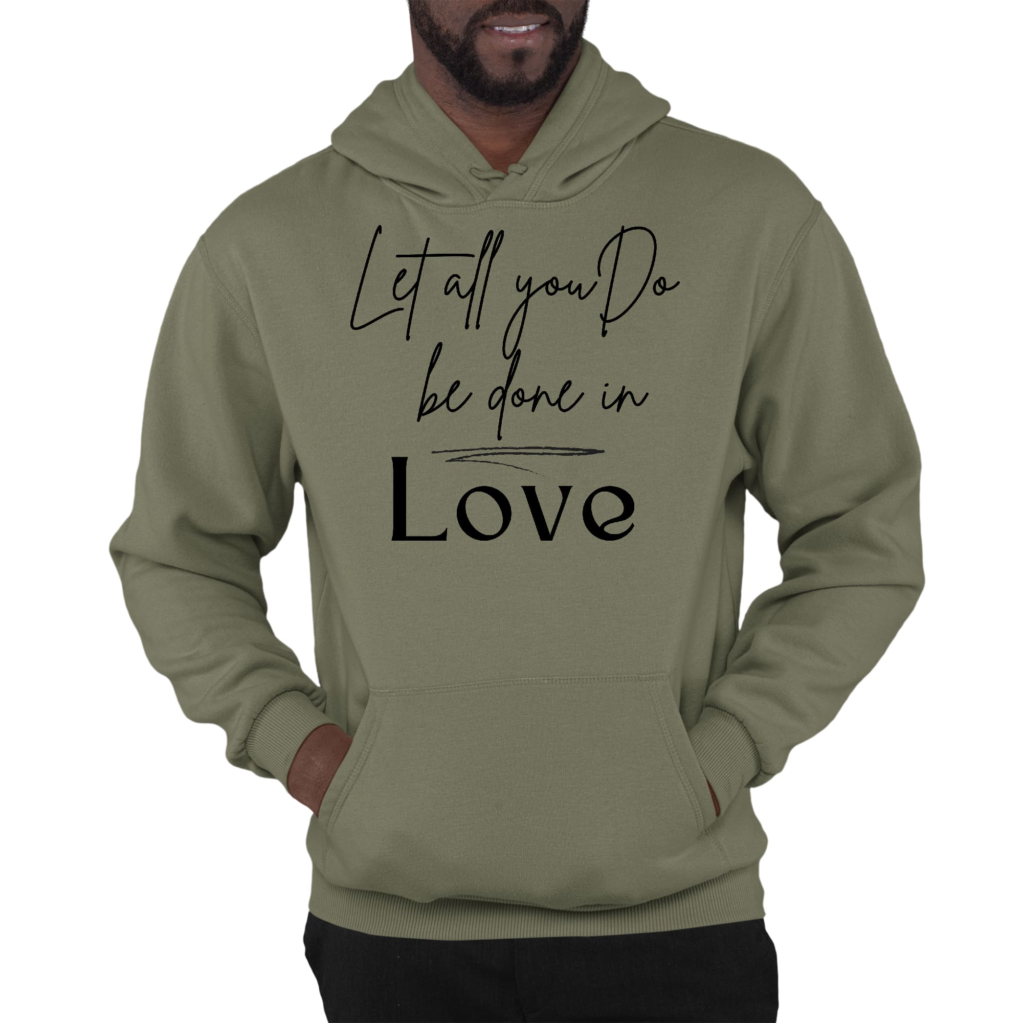 Mens Graphic Hoodie Let All you do be Done in Love Black Illustration