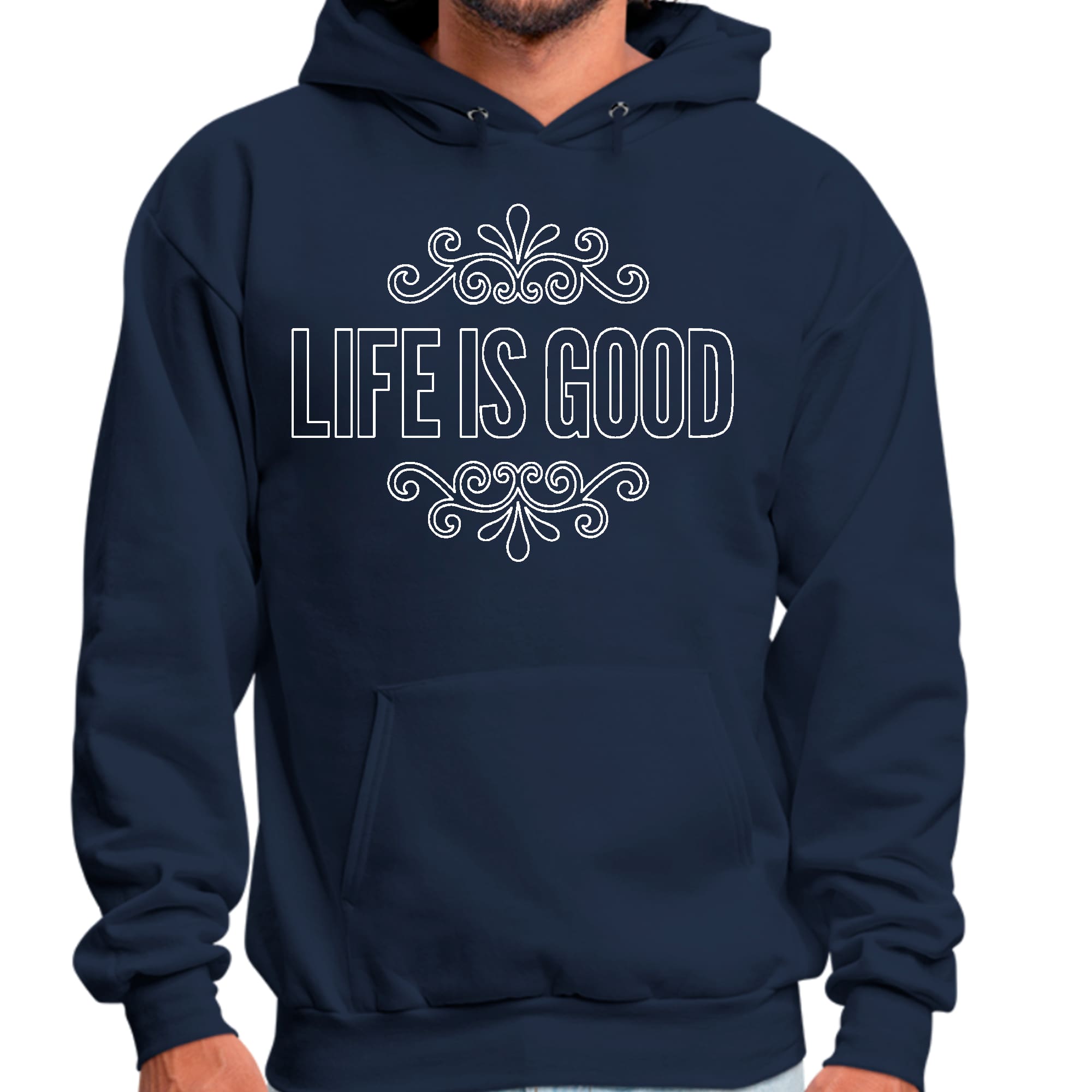 Mens Graphic Hoodie Life is Good Word Art Illustration - White Outline