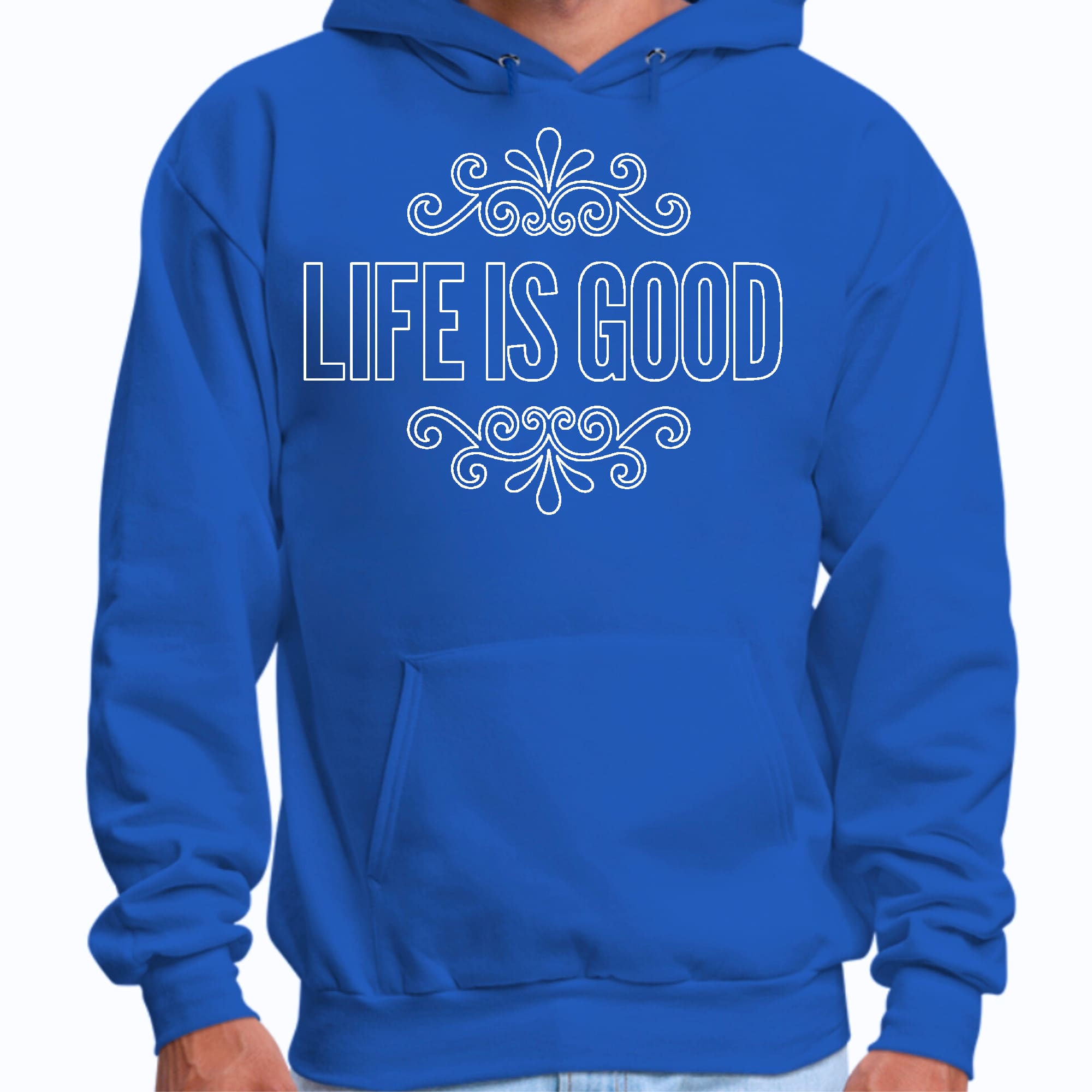 Mens Graphic Hoodie Life is Good Word Art Illustration - White Outline