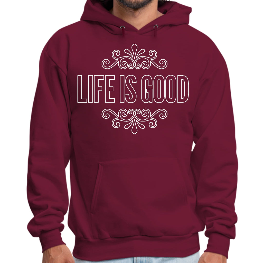 Mens Graphic Hoodie Life is Good Word Art Illustration - White Outline