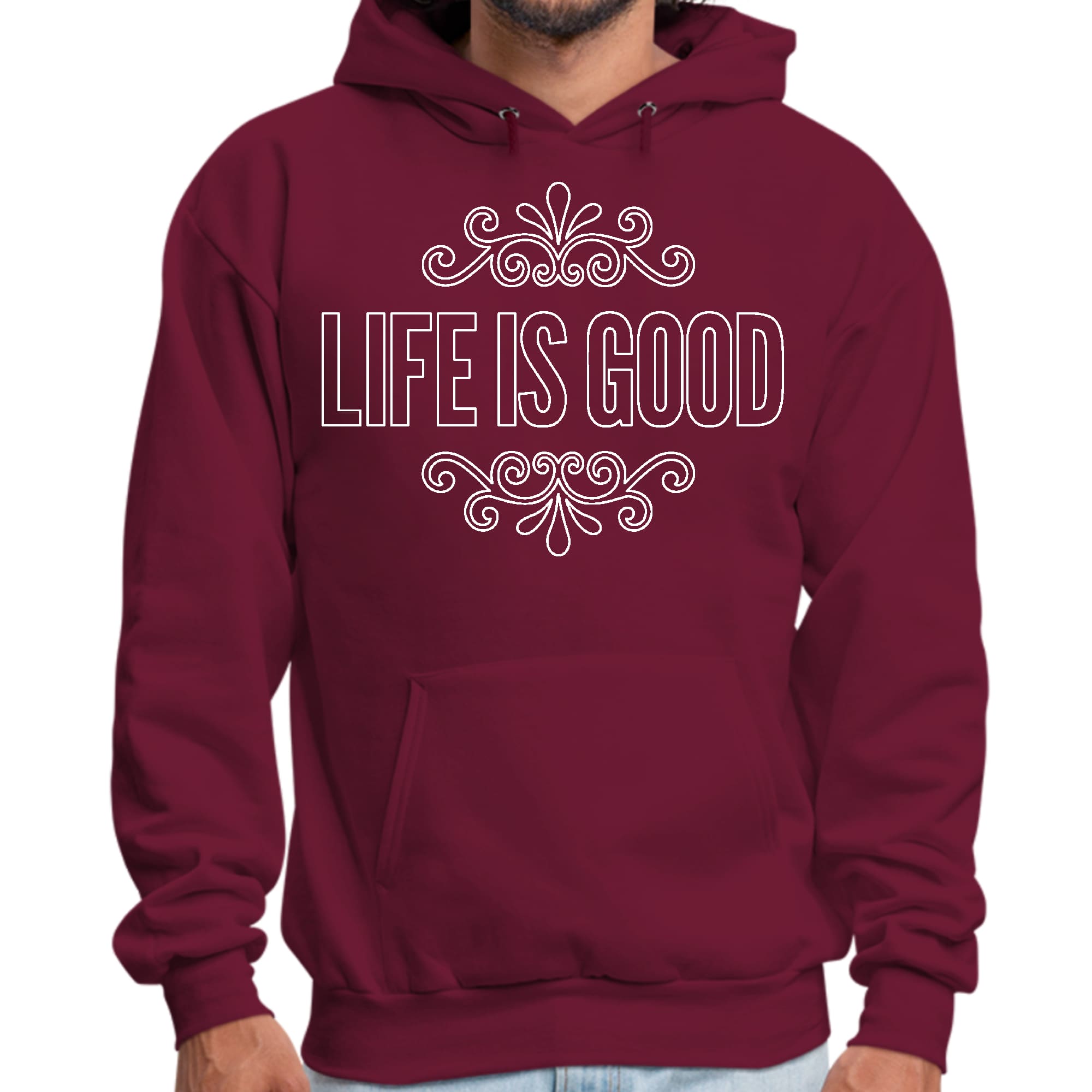 Mens Graphic Hoodie Life is Good Word Art Illustration - White Outline