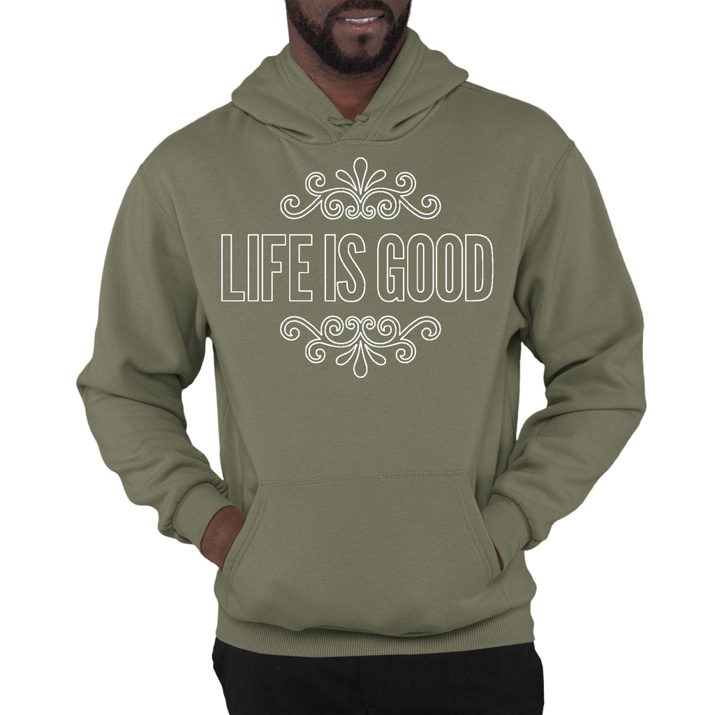 Mens Graphic Hoodie Life is Good Word Art Illustration - White Outline