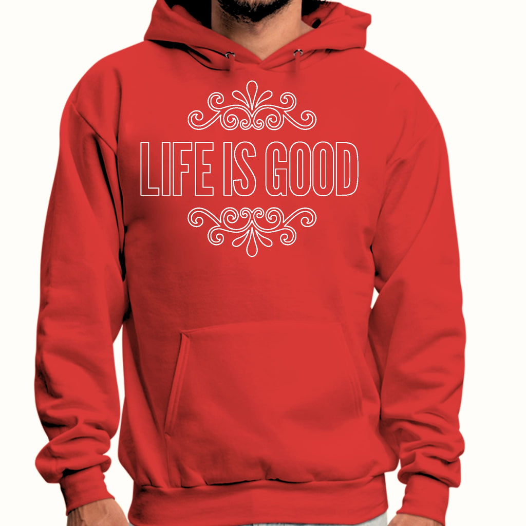 Mens Graphic Hoodie Life is Good Word Art Illustration - White Outline