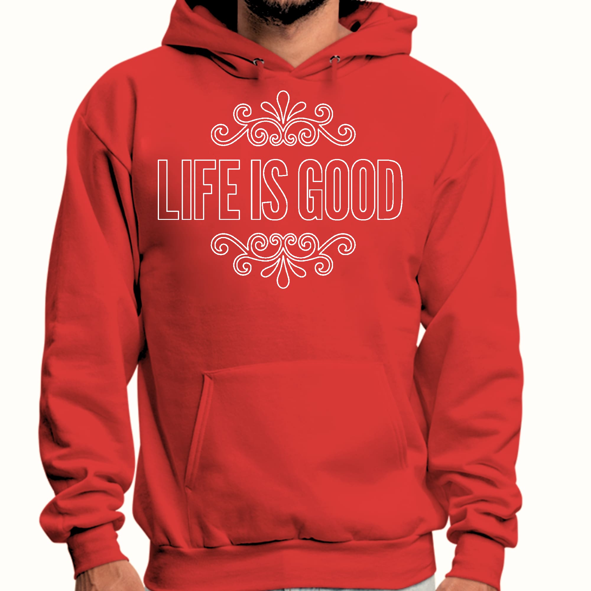 Mens Graphic Hoodie Life is Good Word Art Illustration - White Outline