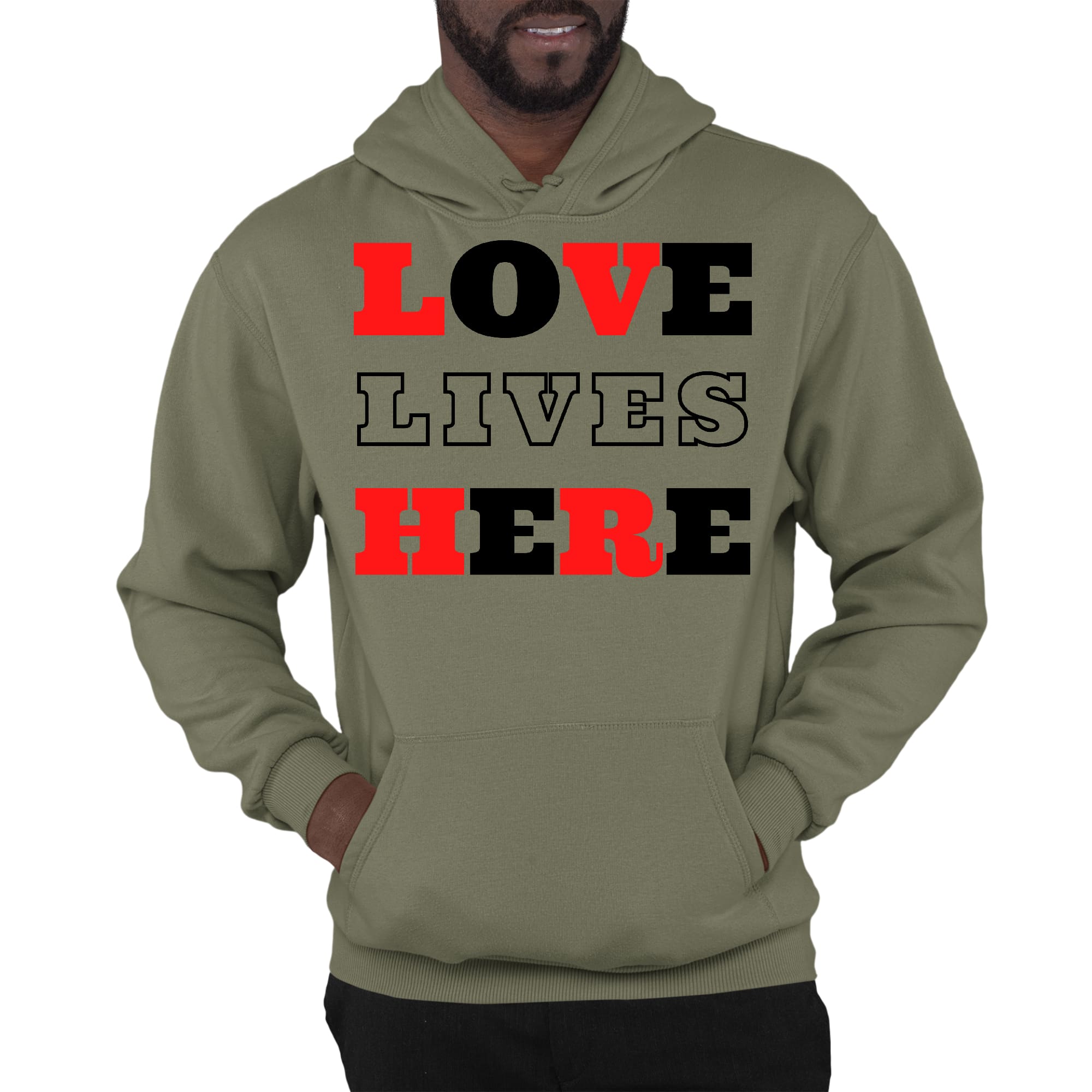 Mens Graphic Hoodie Love Lives Here Christian Red Black Illustration