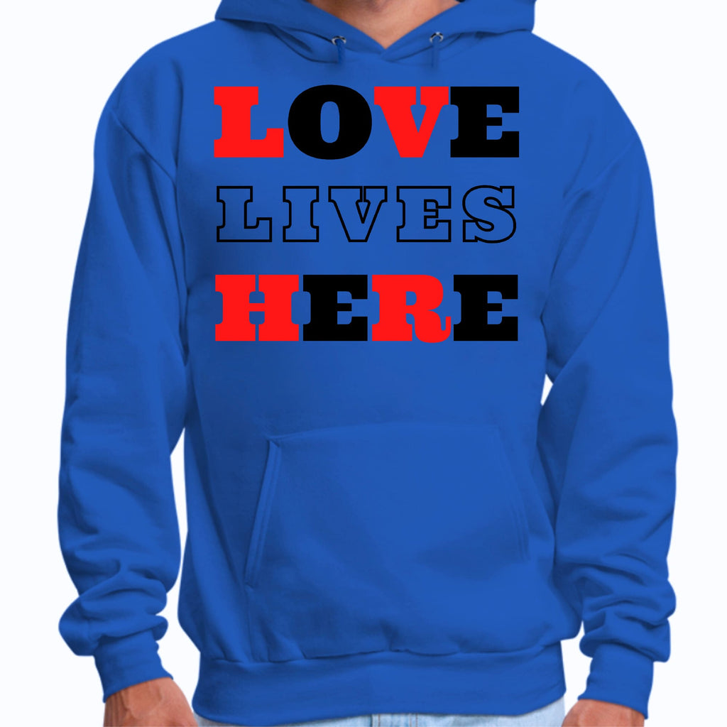 Mens Graphic Hoodie Love Lives Here Christian Red Black Illustration