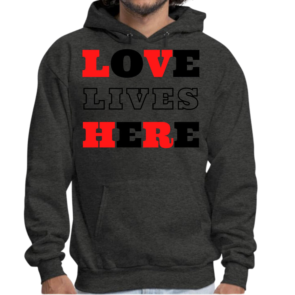 Mens Graphic Hoodie Love Lives Here Christian Red Black Illustration