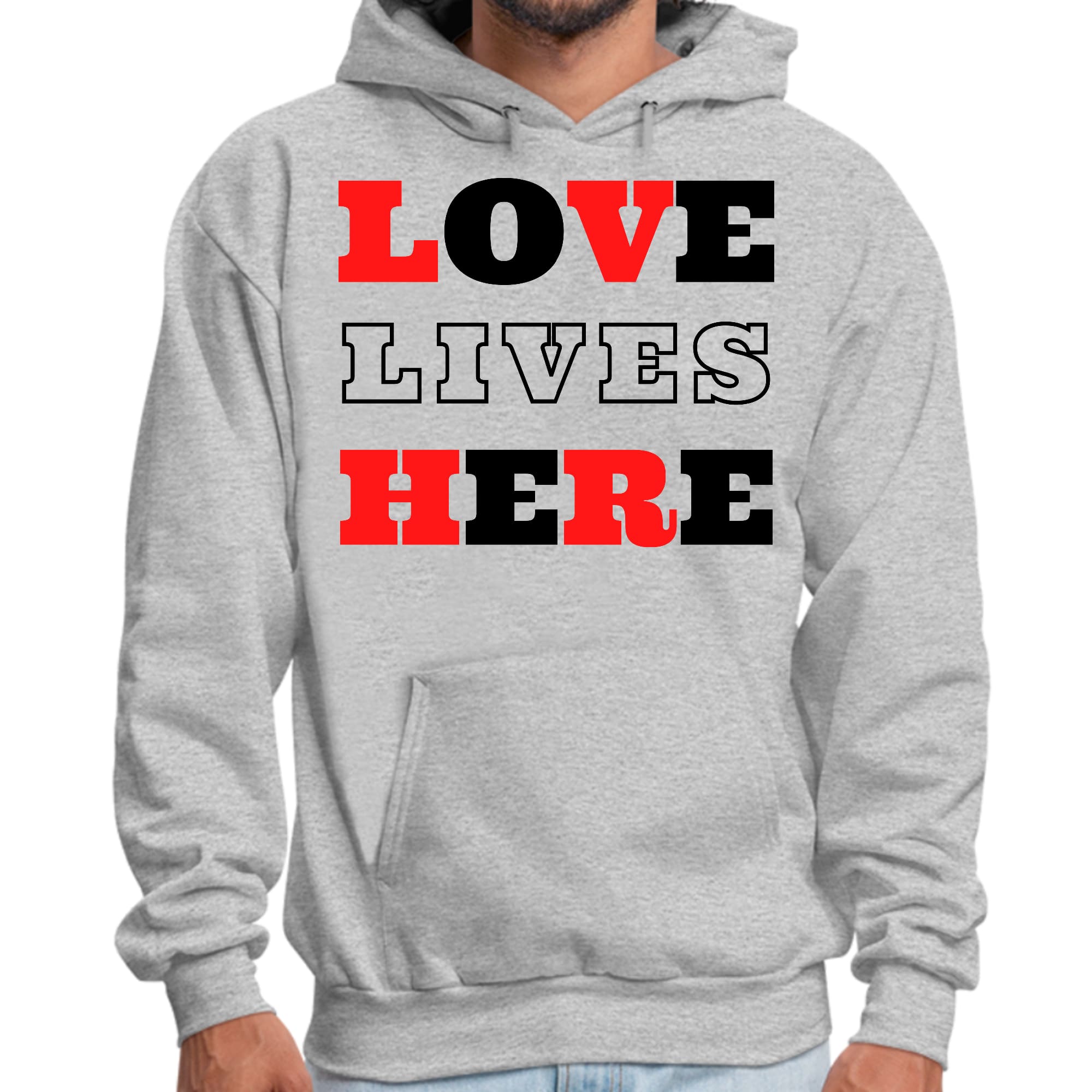 Mens Graphic Hoodie Love Lives Here Christian Red Black Illustration