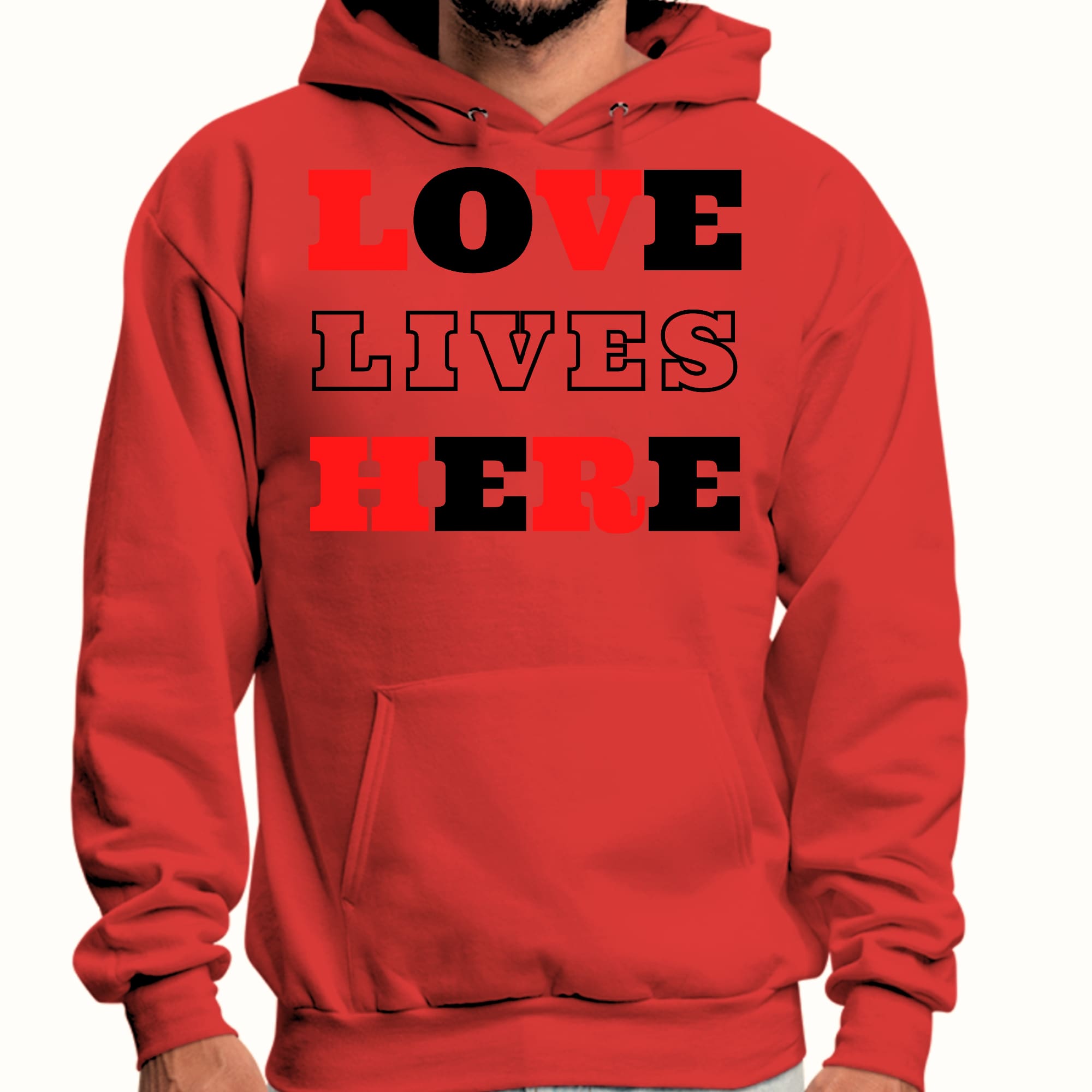 Mens Graphic Hoodie Love Lives Here Christian Red Black Illustration