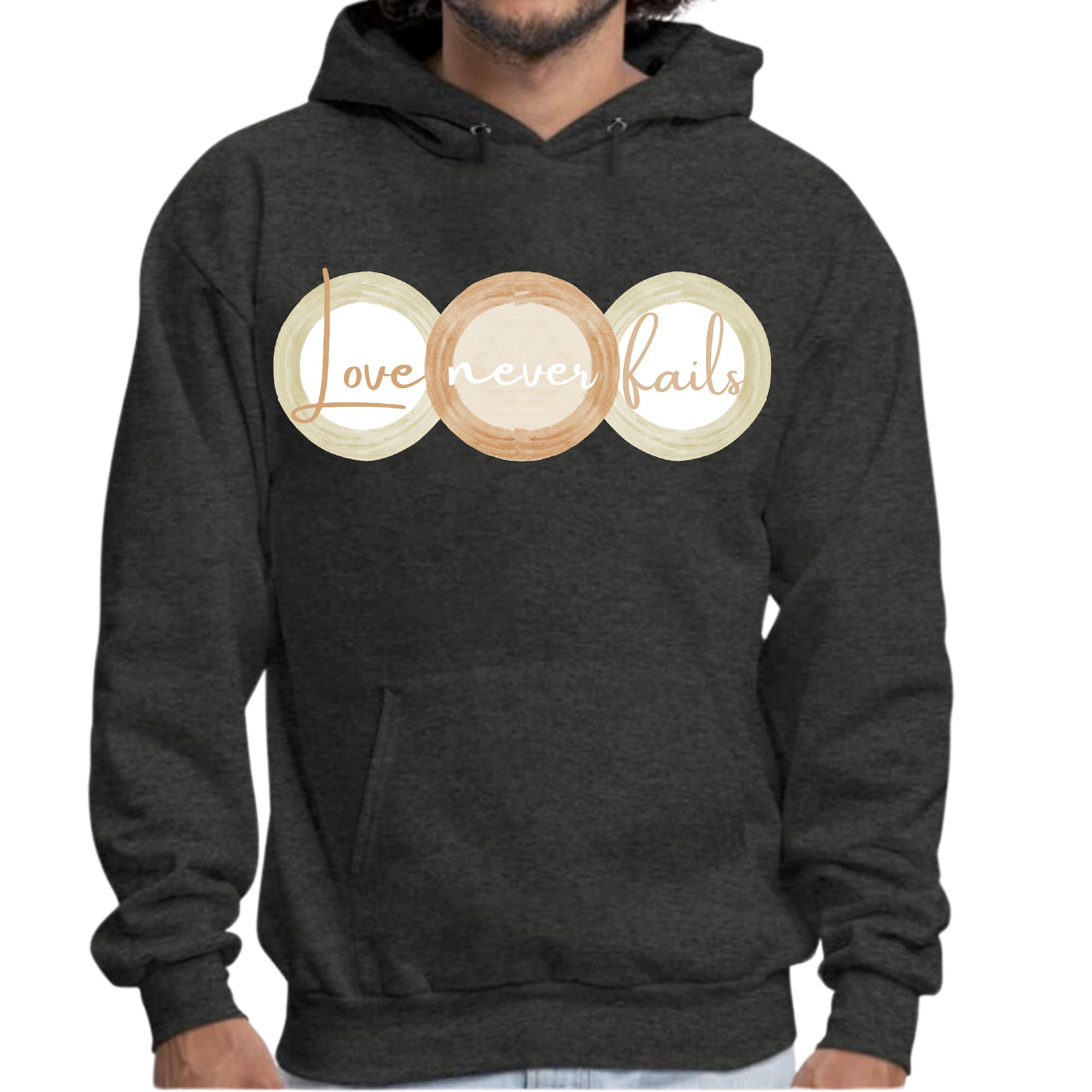 Mens Graphic Hoodie Love Never Fails - Pastel Brown Beige Green Tri