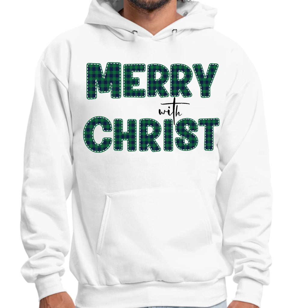 Mens Graphic Hoodie Merry with Christ - Green Plaid Christmas Holiday