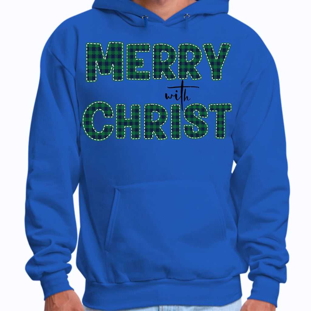 Mens Graphic Hoodie Merry with Christ - Green Plaid Christmas Holiday