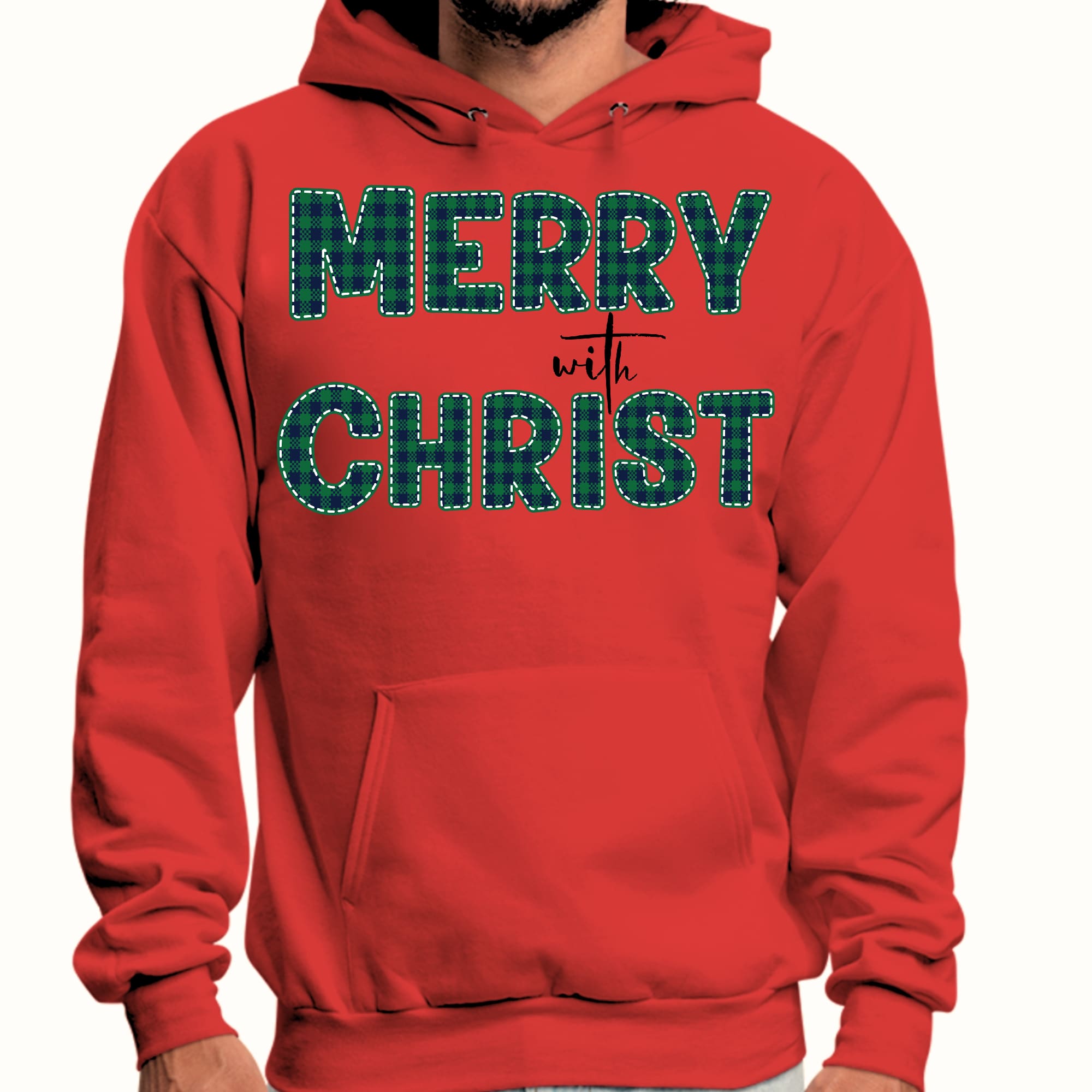 Mens Graphic Hoodie Merry with Christ - Green Plaid Christmas Holiday