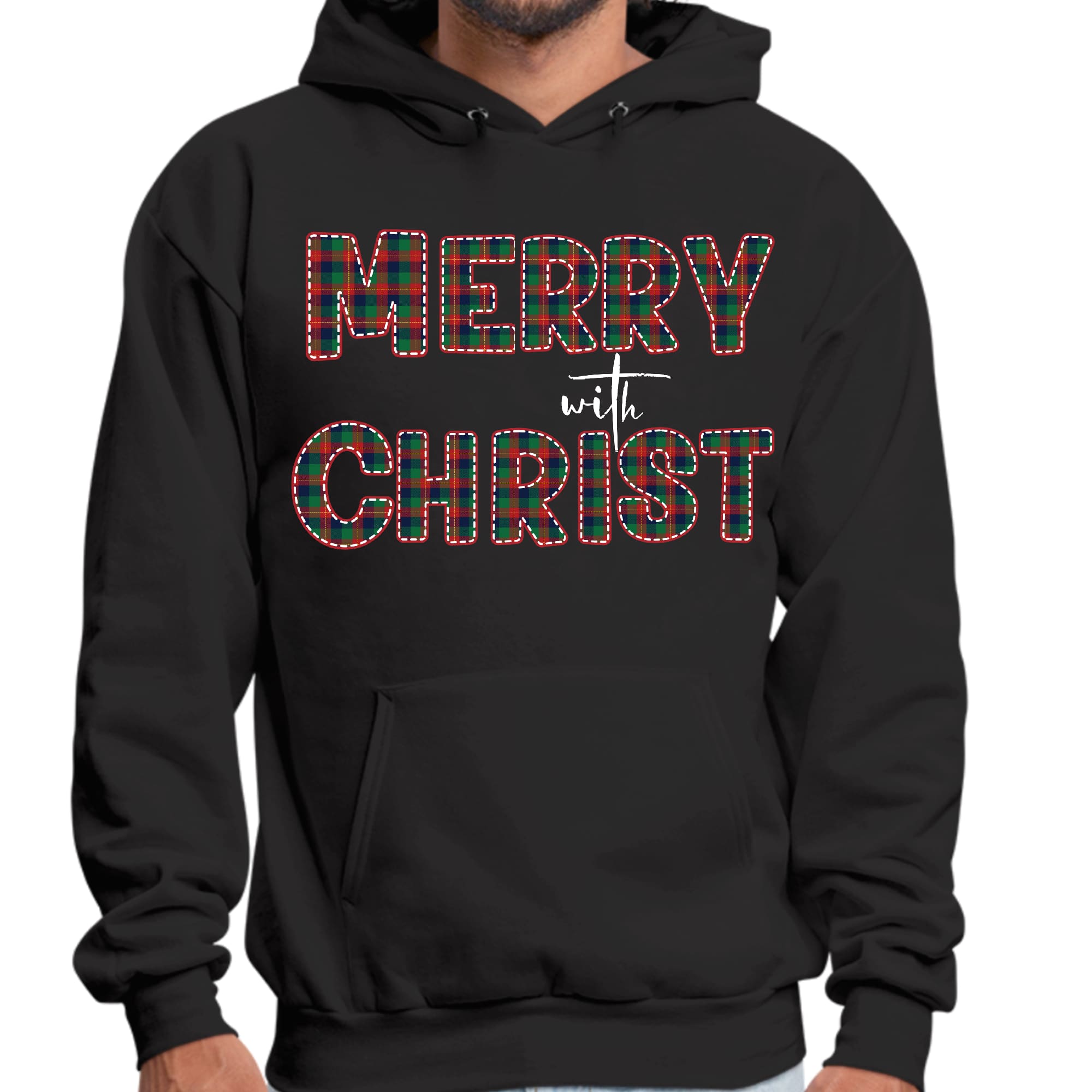 Mens Graphic Hoodie Merry with Christ - Red and Green Plaid Christmas