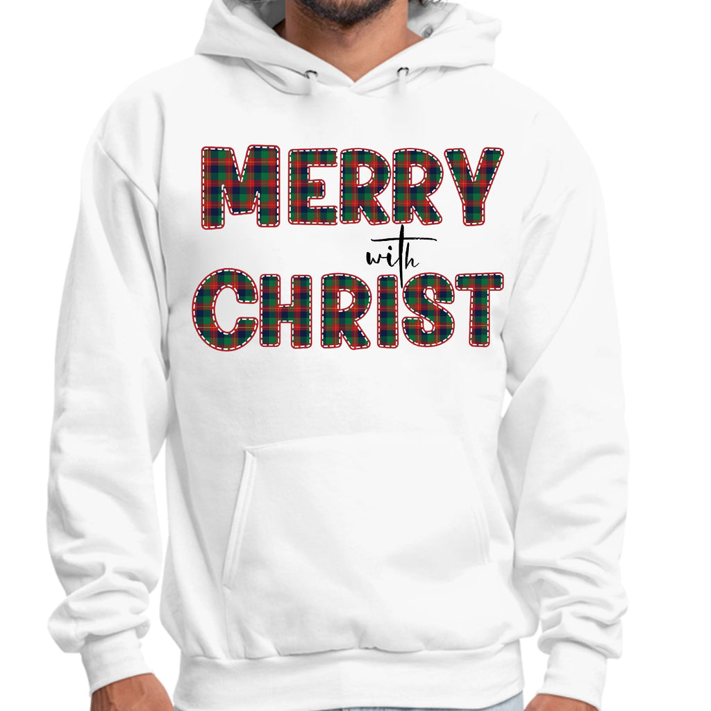 Mens Graphic Hoodie Merry with Christ - Red and Green Plaid Christmas