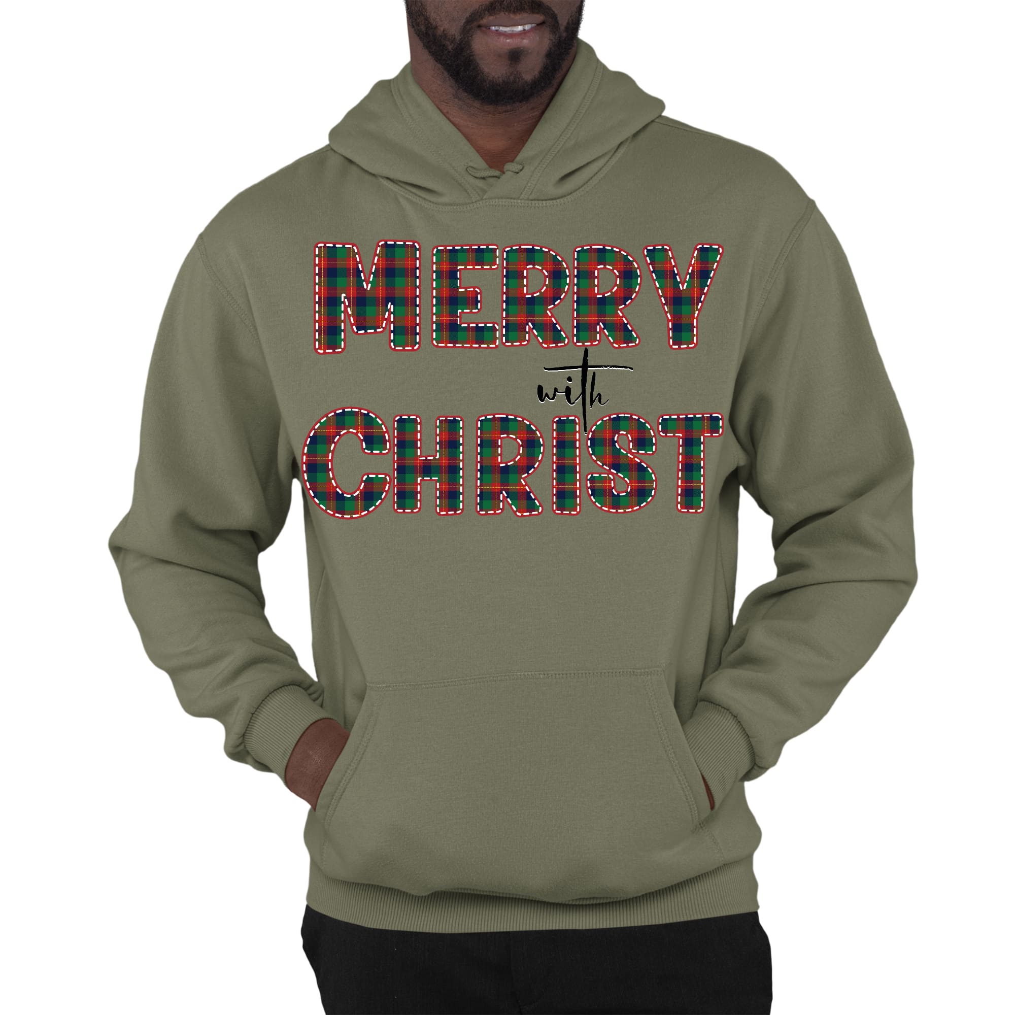 Mens Graphic Hoodie Merry with Christ - Red and Green Plaid Christmas