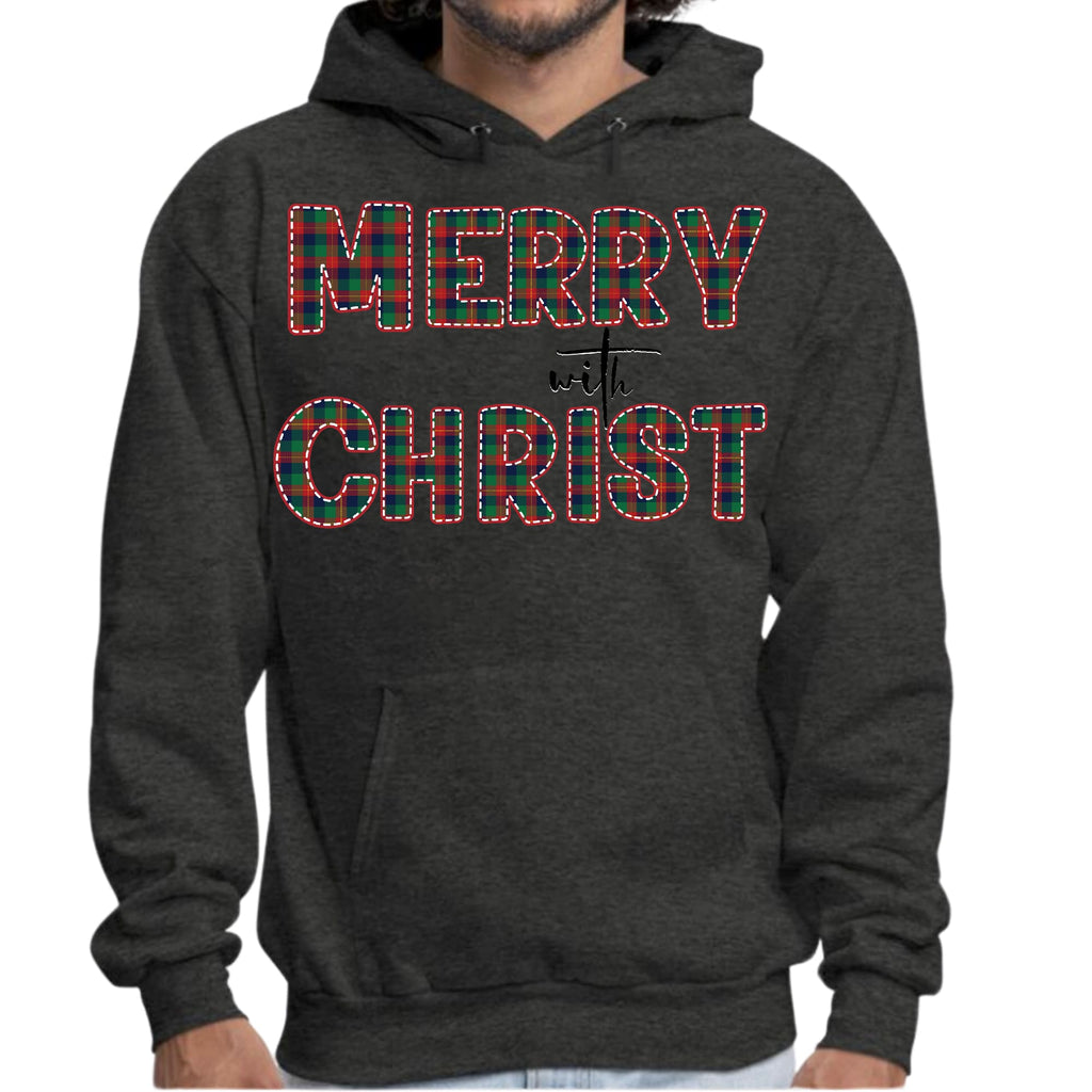 Mens Graphic Hoodie Merry with Christ - Red and Green Plaid Christmas