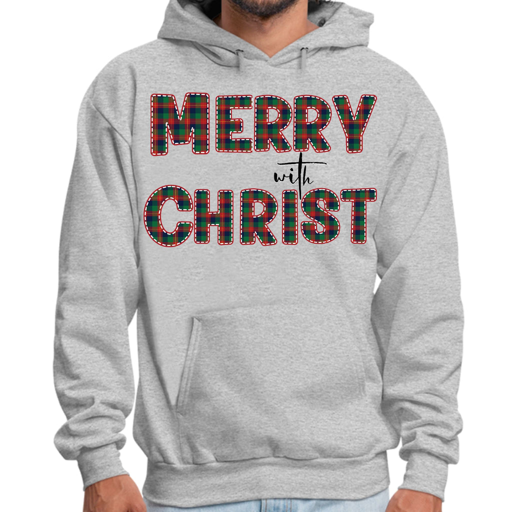 Mens Graphic Hoodie Merry with Christ - Red and Green Plaid Christmas