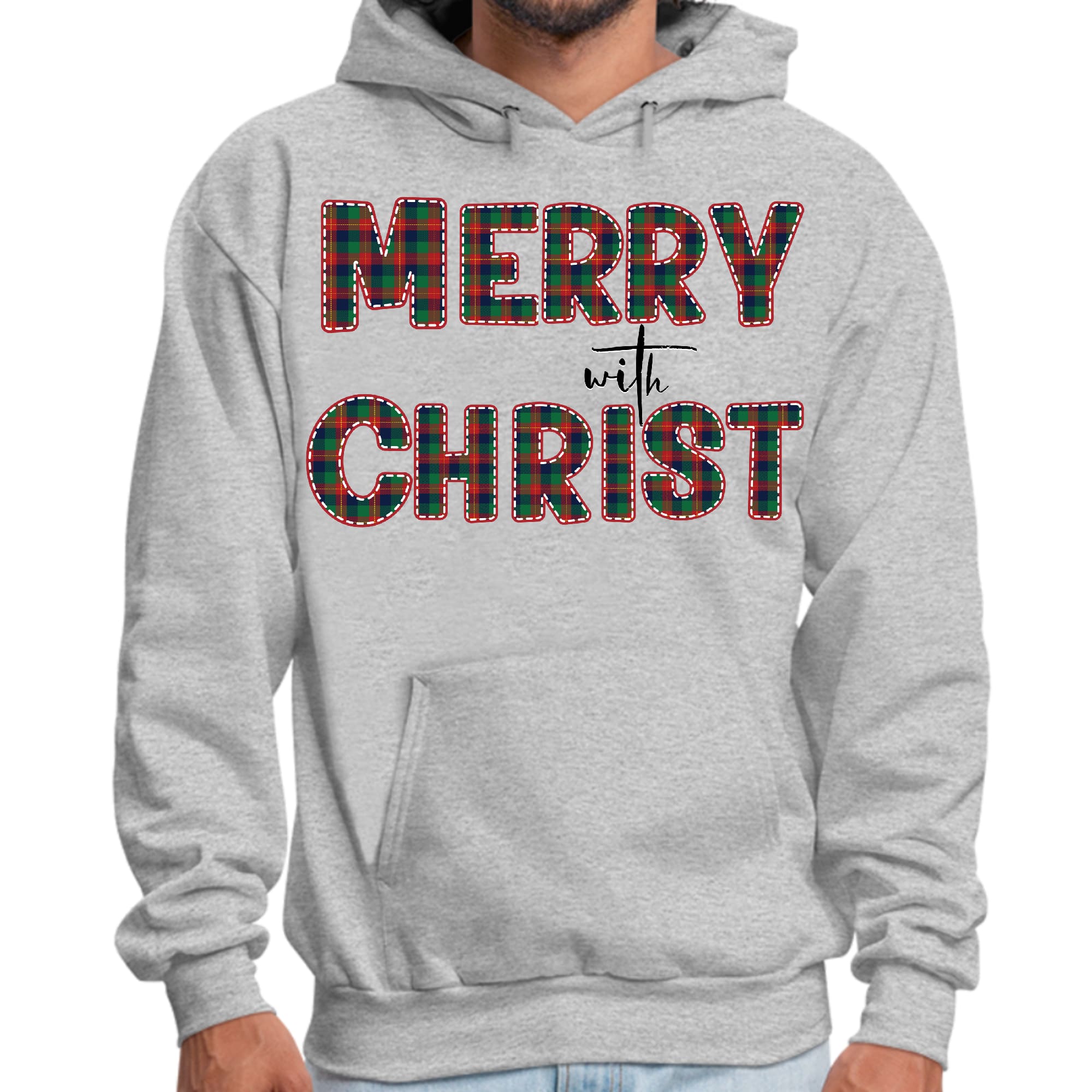 Mens Graphic Hoodie Merry with Christ - Red and Green Plaid Christmas