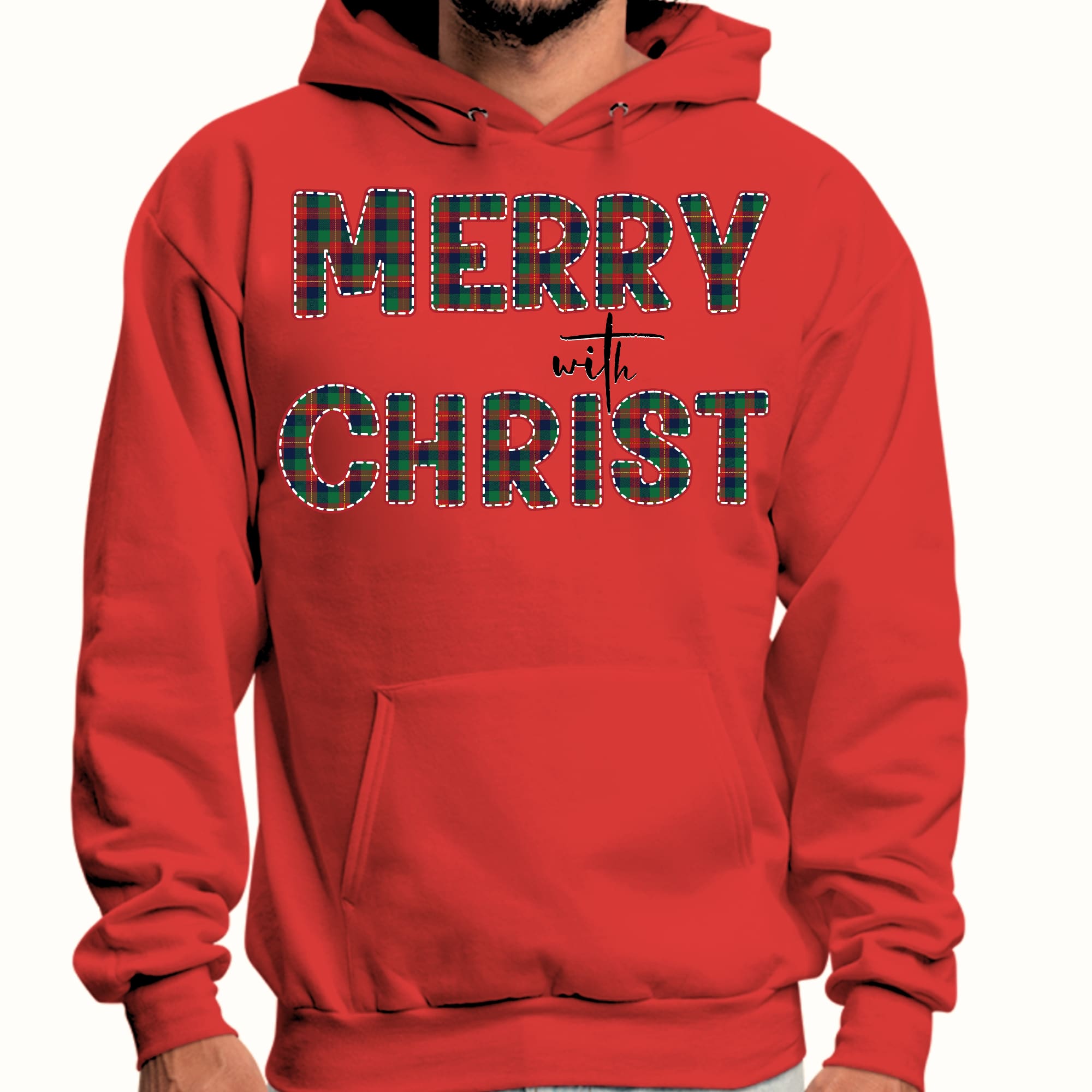 Mens Graphic Hoodie Merry with Christ - Red and Green Plaid Christmas