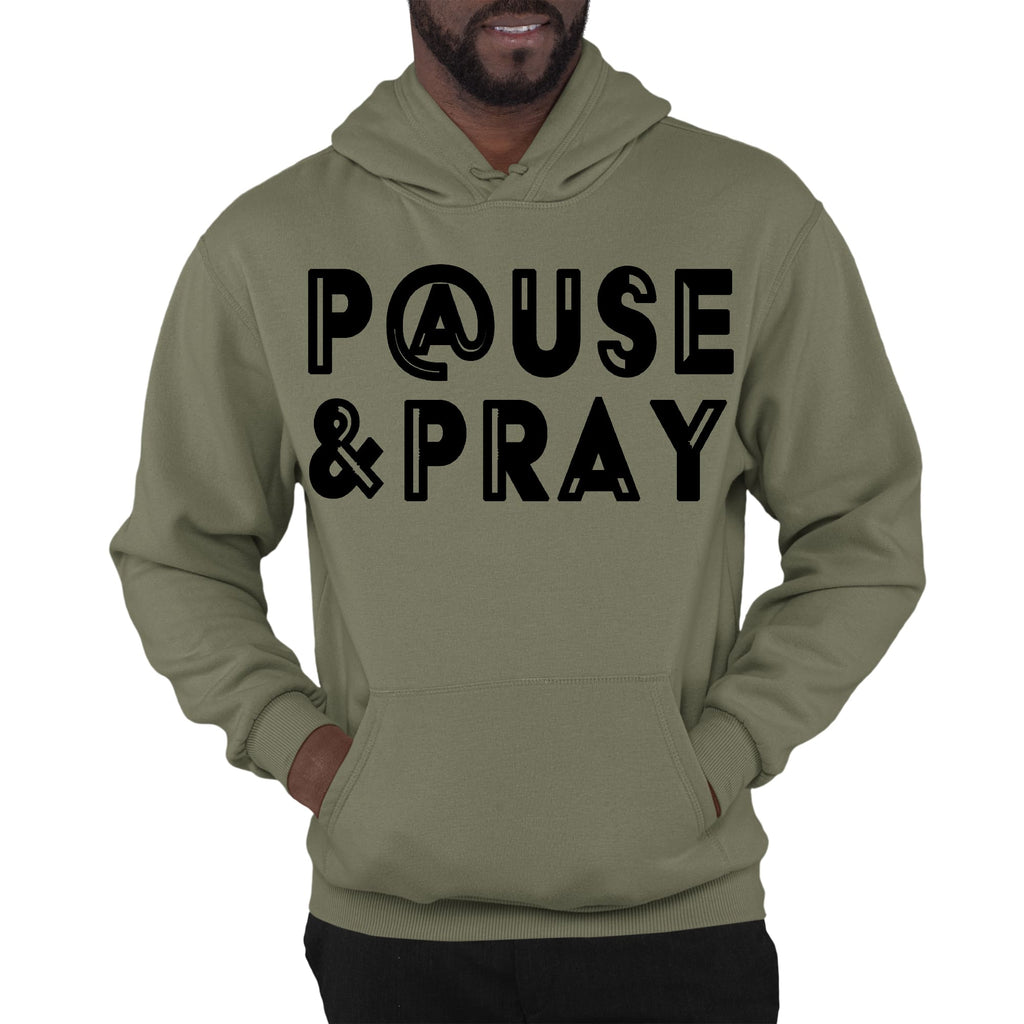 Mens Graphic Hoodie Pause and Pray Black Illustration