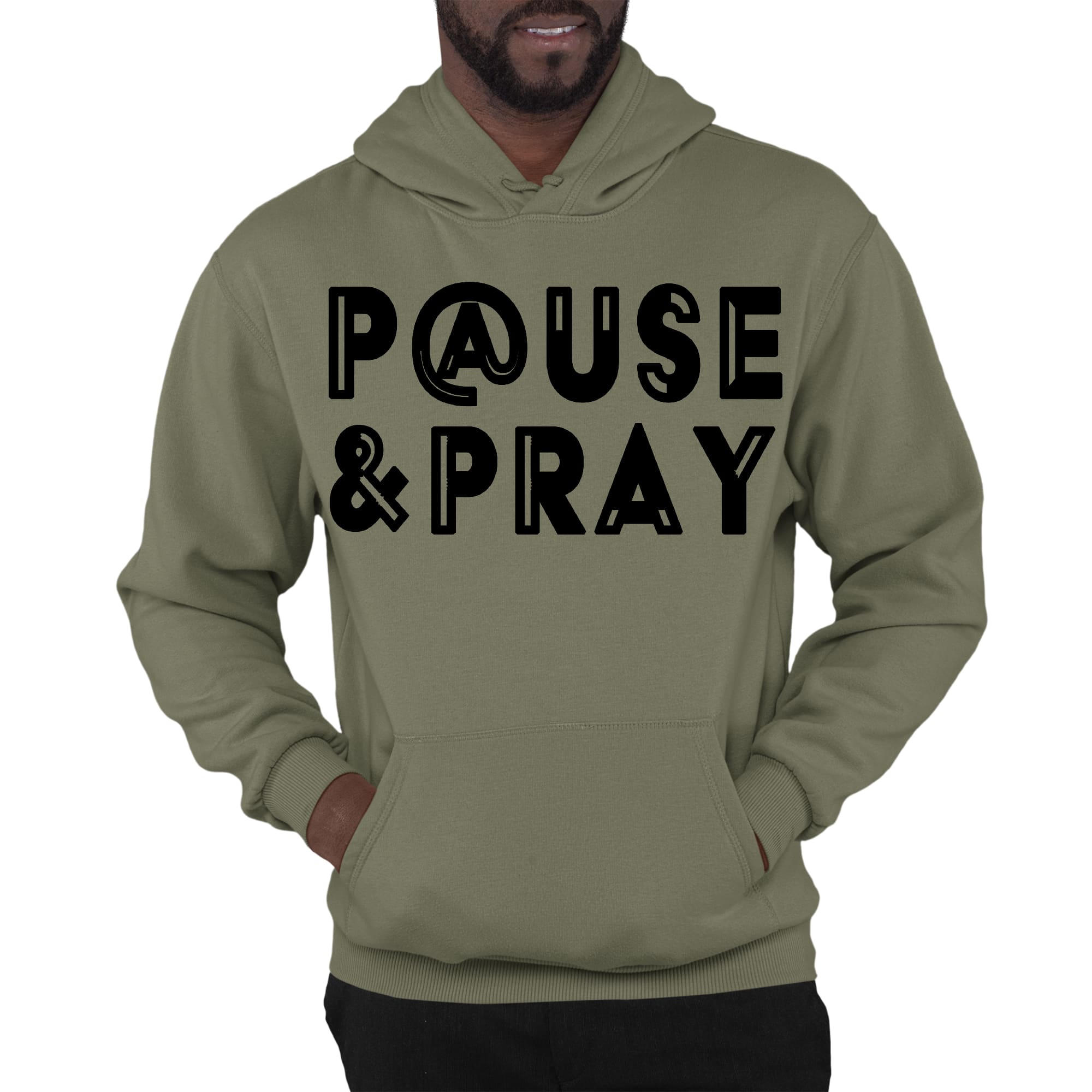 Mens Graphic Hoodie Pause and Pray Black Illustration