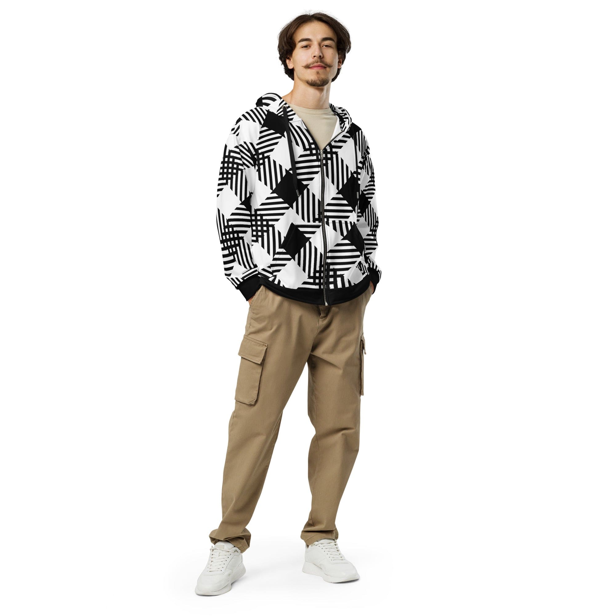 Mens Graphic Zip Hoodie - Black and White Plaid Print