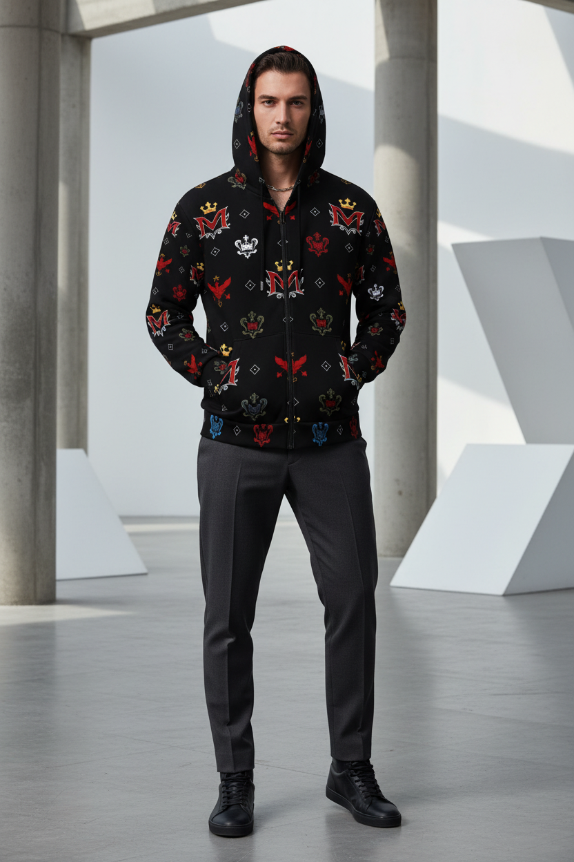 Men's Hoodie MUNSIEUR All-Over Print Heavy Fleece Zip Up "Ambitious"
