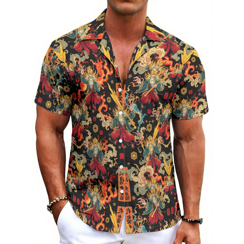Munsieur Men's Lightweight Hawaiian Tee with Bold Dragon Print