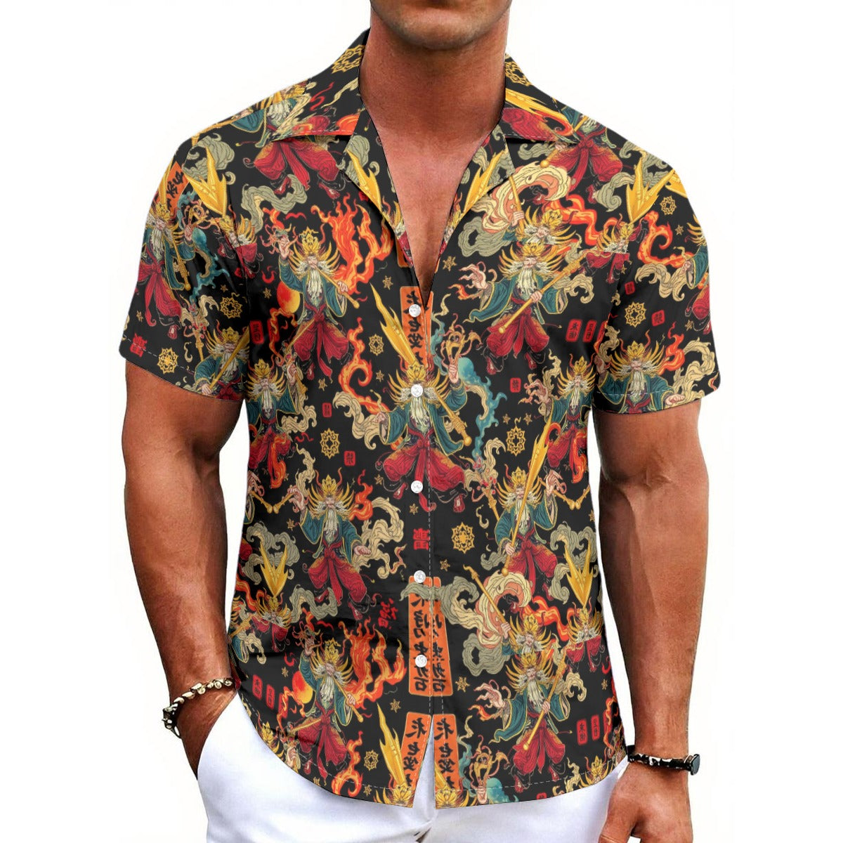 Munsieur Men's Lightweight Hawaiian Tee with Bold Dragon Print
