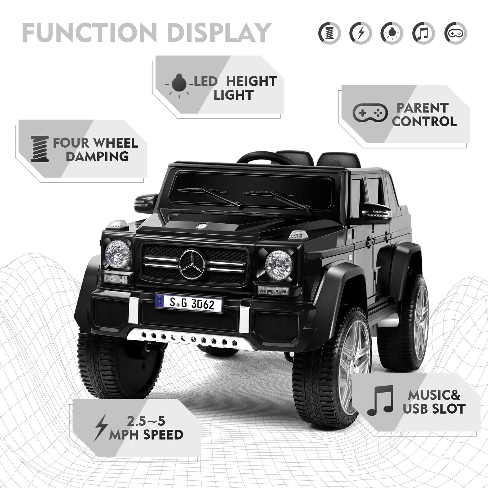 Mercedes-Benz Kids Ride-On Car with 3 Speeds, LED Lights, Music, and Remote Control - 12V Battery Powered