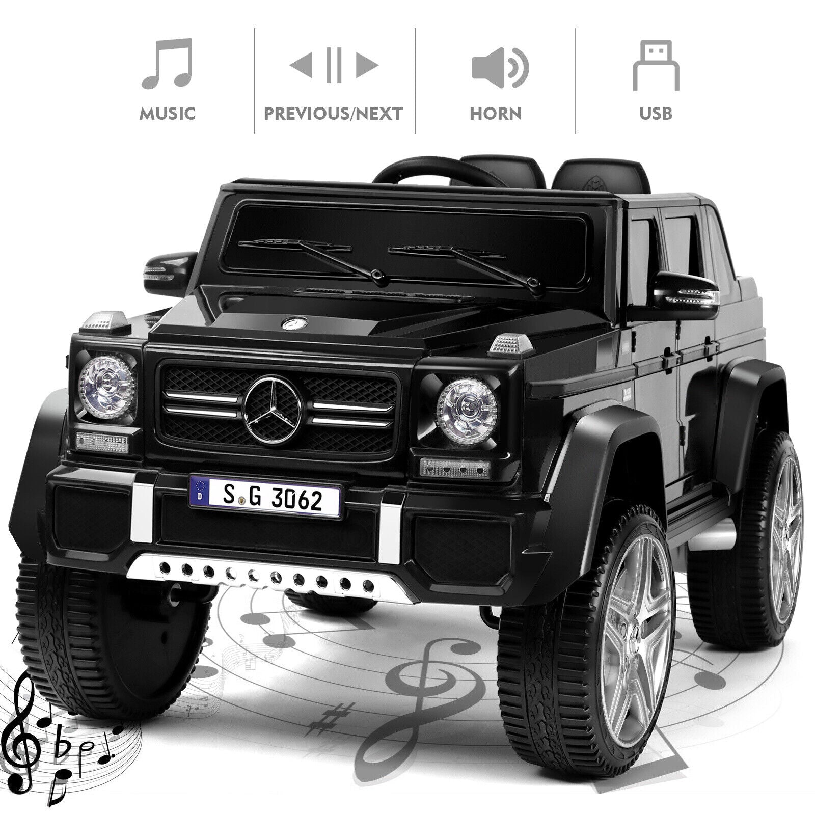 Mercedes-Benz Electric Ride-On Car for Kids with 3 Speeds, LED Lights, and Remote Control - Black