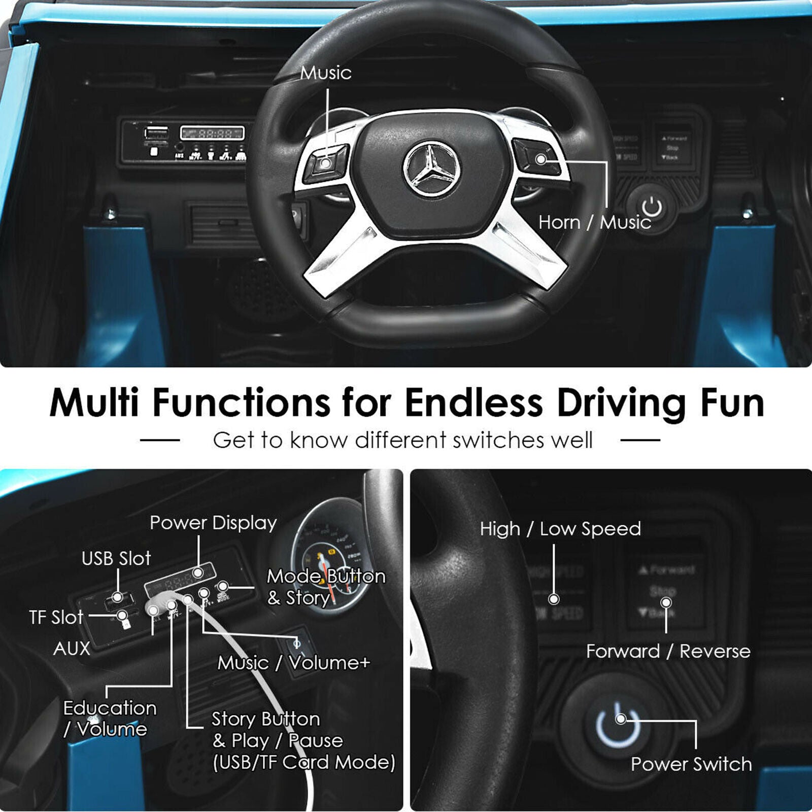 Mercedes-Benz Kids Ride On Car with RC Control and Trunk - 12V Navy