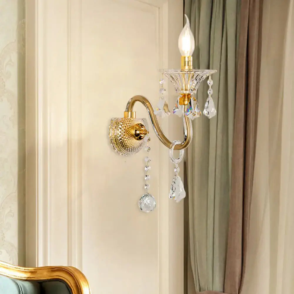 Mid-century brass crystal shade wall mounted sconce bedroom light