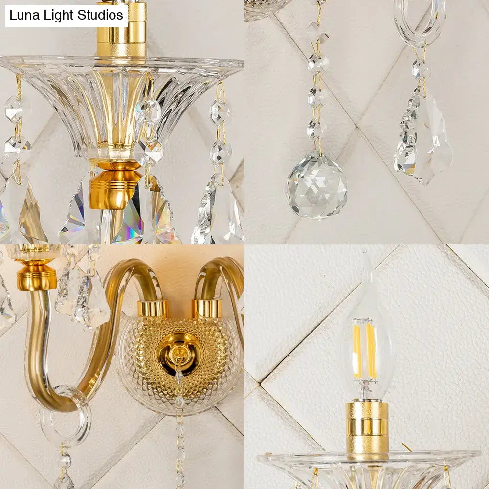 Mid-century brass crystal shade wall mounted sconce bedroom light