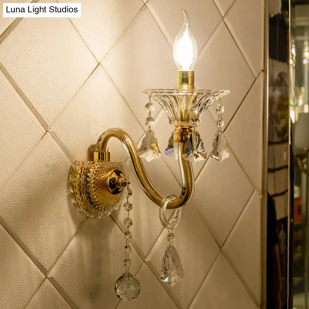Mid-century brass crystal shade wall mounted sconce bedroom light