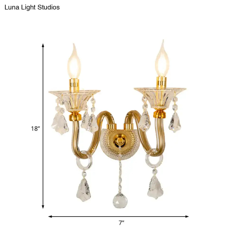 Mid-century brass crystal shade wall mounted sconce bedroom light