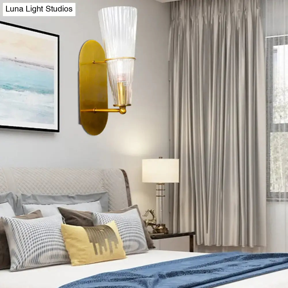 Mid century brass wall lamp – bedroom clear ribbed glass single light