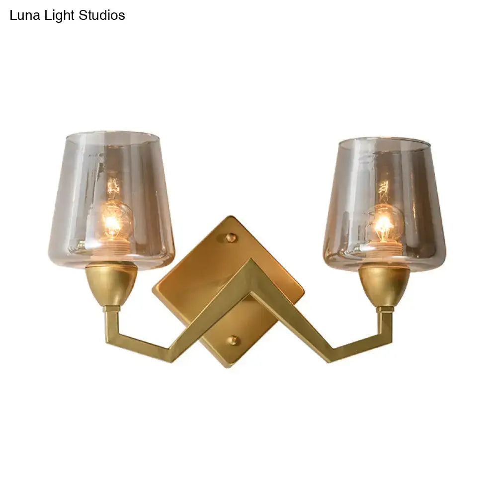 Mid-century brass wall lamp with truncated cone shade for bedroom