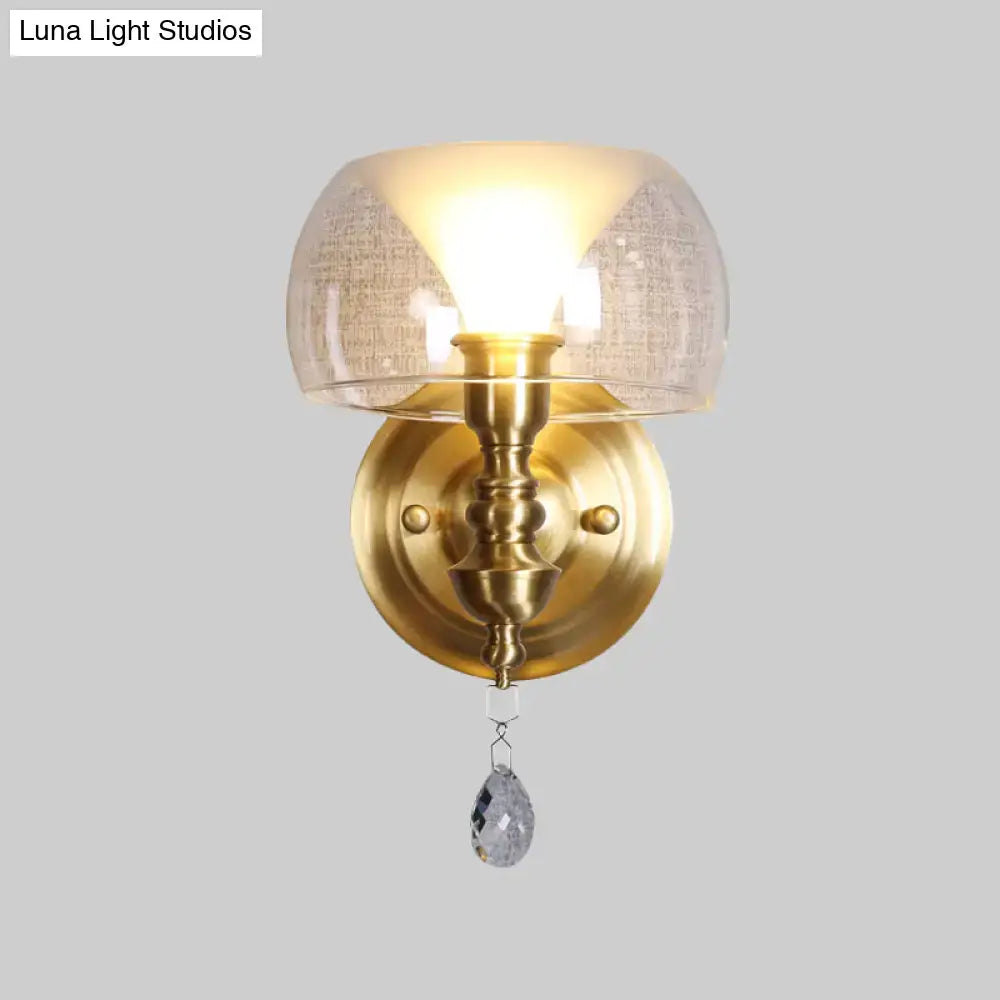 Mid century gold glass wall sconce with crystal droplet for bedroom